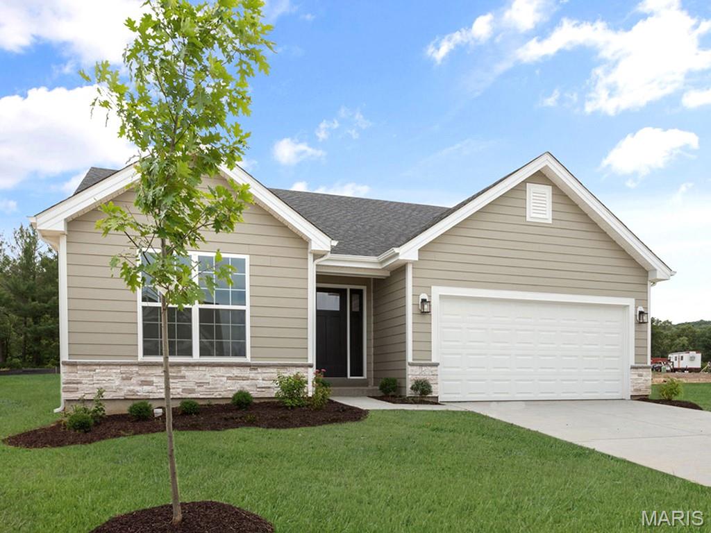 New McBride Homes Aspen ranch 3BR, 2BA will be ready this fall! Walkout homesite! Features include an open floor plan with a vaulted ceiling, great room with a ceiling fan, & wood laminate flooring throughout the main living areas. The kitchen features level 3 Benton Sarsaparilla 42” cabinetry, quartz countertops, peninsula with an extended breakfast bar, stainless steel GE appliances. The primary suite has a walk-in closet, private bath w/dual sink vanity & 5ft walk-in shower. 2 extra bedrooms & a full bath add convenience. Upgrades include 6ft windows, ceiling fan prewires, 1st floor laundry, 2-car garage w/ coach lights & 2 panel white interior doors. The lower level has a ¾ bath rough-in for future finish. Located in House Springs, this community features 263 homesites off Bear Creek Road, just east of Gravois Road and Carol Park Road. Enjoy peace of mind with McBride Homes’ 10 year builders warranty & incredible customer service! Similar photos shown.