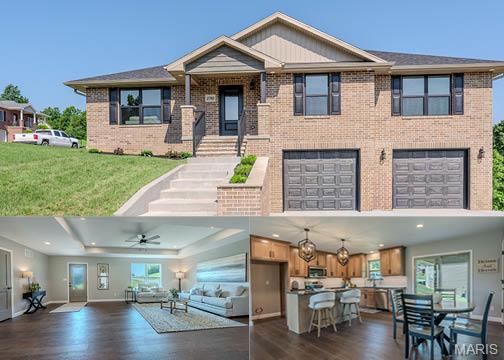 Welcome home to this beautiful new construction offering a spacious, open-concept floor plan designed for comfortable everyday living and entertaining. The main living area features beautiful engineered hardwood floors, abundant natural light, and an eye-catching tray ceiling with recessed lighting. The kitchen is the heart of the home, featuring a large island with granite countertops, abundant cabinetry, stainless steel appliances, and stylish pendant lighting. This home offers 3 spacious bedrooms and 2 full baths, including a primary suite with a walk-in closet and private bath featuring dual vanities and a gorgeous tiled walk-in shower. Step outside to enjoy the patio, or take advantage of the full unfinished basement offering plenty of room for storage and endless possibilities for future living space. An attached 2-car garage, attractive brick exterior, and thoughtful finishes throughout complete this beautiful move-in-ready home.