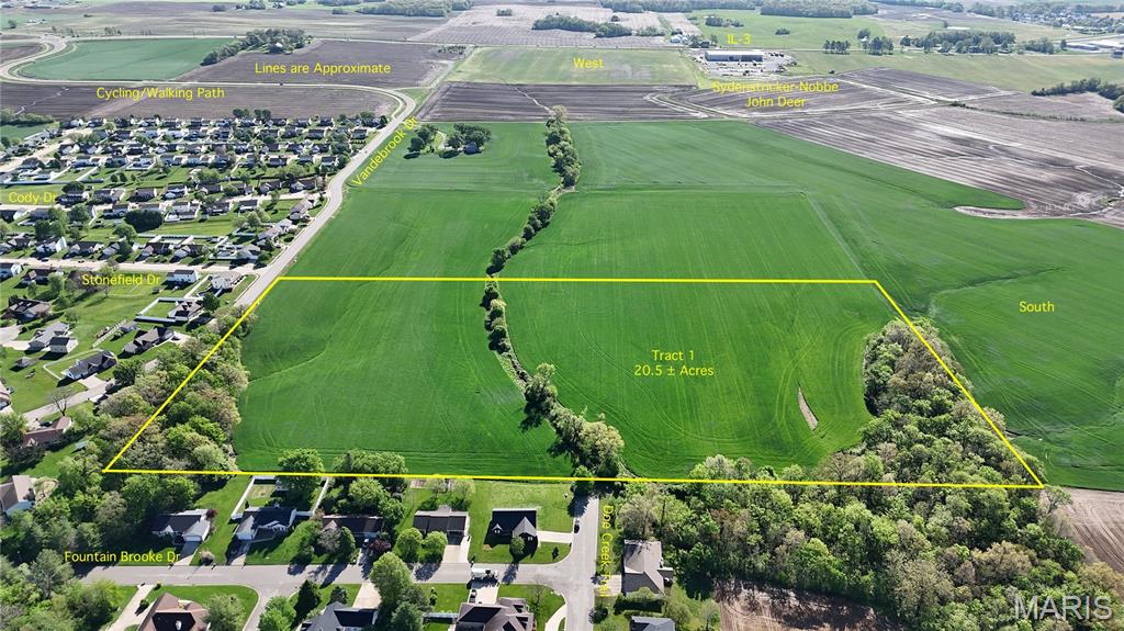 Price listed is starting bid only. Tract 1 – 20.5 +/- Acres Frontage on Vandebrook Drive with potential access to extend Doe Creek Trail. Includes approximately 16 +/- tillable acres. A strong candidate for development or investment hold. TERMS AND CONDITIONS APPLY  Listing price is not indicative of the reserve. Live & Online Auction – June 24, 2026 at 6:30 PM
Live Location: Acorns Golf Links, 3933 Ahne Rd, Waterloo, IL 62298
