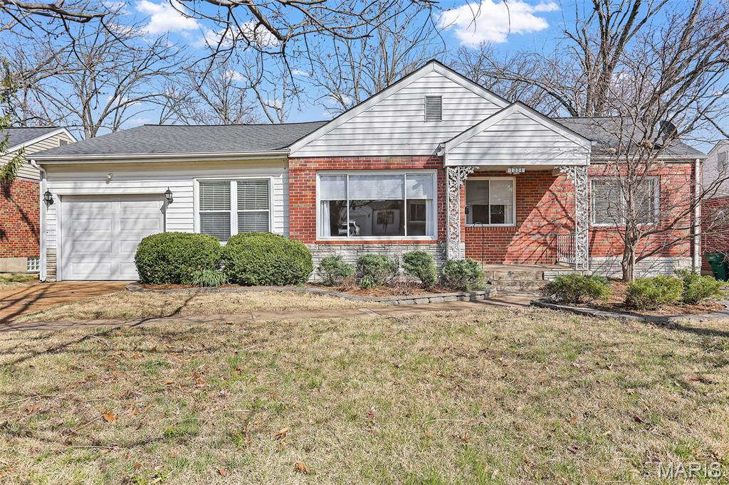 Welcome to this charming brick ranch offering nearly 2,000 square feet of comfortable living space in the highly desirable Webster Groves area. This 3-bedroom, 1 full and 1 half bath home features beautiful wood flooring throughout, a spacious living room with a large picture window, and an eat-in kitchen with abundant cabinet space.   Just off the kitchen, you’ll find a cozy family room perfect for everyday living, along with an added-on primary bedroom featuring a walk-in closet and easy access to the covered deck with a wood-paneled ceiling—ideal for relaxing or entertaining while overlooking the flat, fenced backyard.   The partially finished lower level provides a large rec room and plenty of additional storage. Updates include a new roof and siding  being installed for added peace of mind.  Newer HVAC and Plumbing stack.  Complete with a 1-car garage and conveniently located near highways, shopping, and dining, this home combines comfort, space, and location.