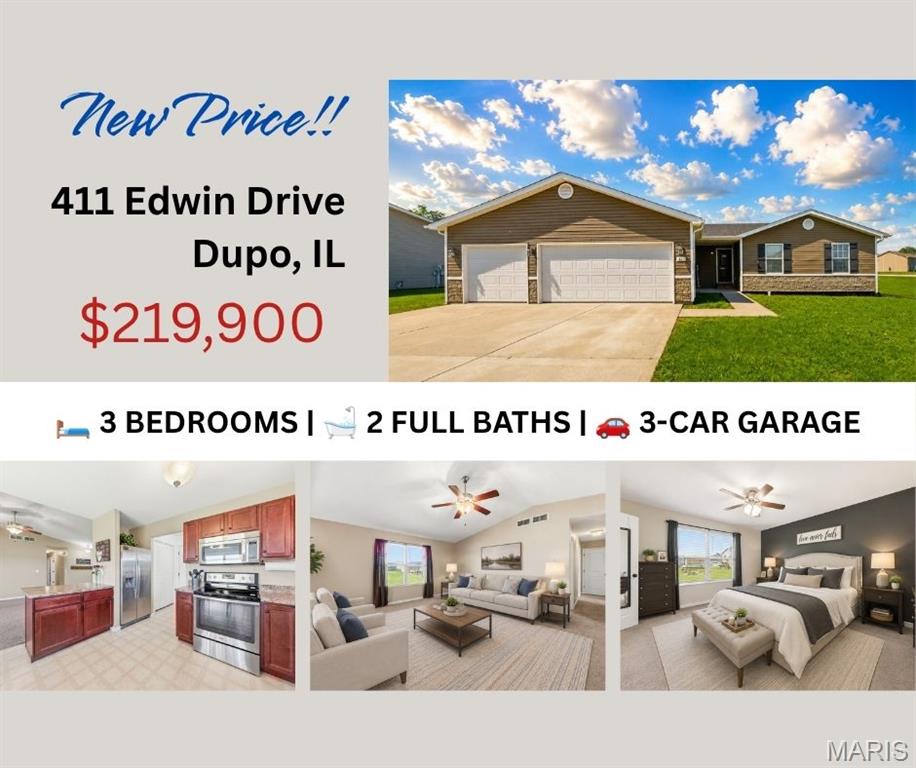 Welcome home to this well-maintained 3 bed, 2 full bath 1 story home in Dupo offering great curb appeal and a functional, open layout! Step inside to a spacious living room that flows seamlessly into the kitchen and dining area—perfect for everyday living and entertaining. The kitchen features stainless appliances (included), ample cabinet space and opens to a bright dining area with sliding doors leading to the patio and level backyard. Retreat to the primary suite featuring a private attached full bath, while two additional bedrooms provide flexibility for family, guests, or a home office. Enjoy the convenience of a 3-car garage and plenty of room for vehicles, storage, or hobbies. Outside, the large backyard offers endless possibilities for outdoor living, play, or future additions. Major update includes a brand-new roof in 2026 and new AC (exterior condensing unit) in 2025 for added peace of mind. Easy access to interstate for easy commutes to St. Louis and only 30 minutes to Scott Air Force Base. Move-in ready and full of value—don’t miss this one!