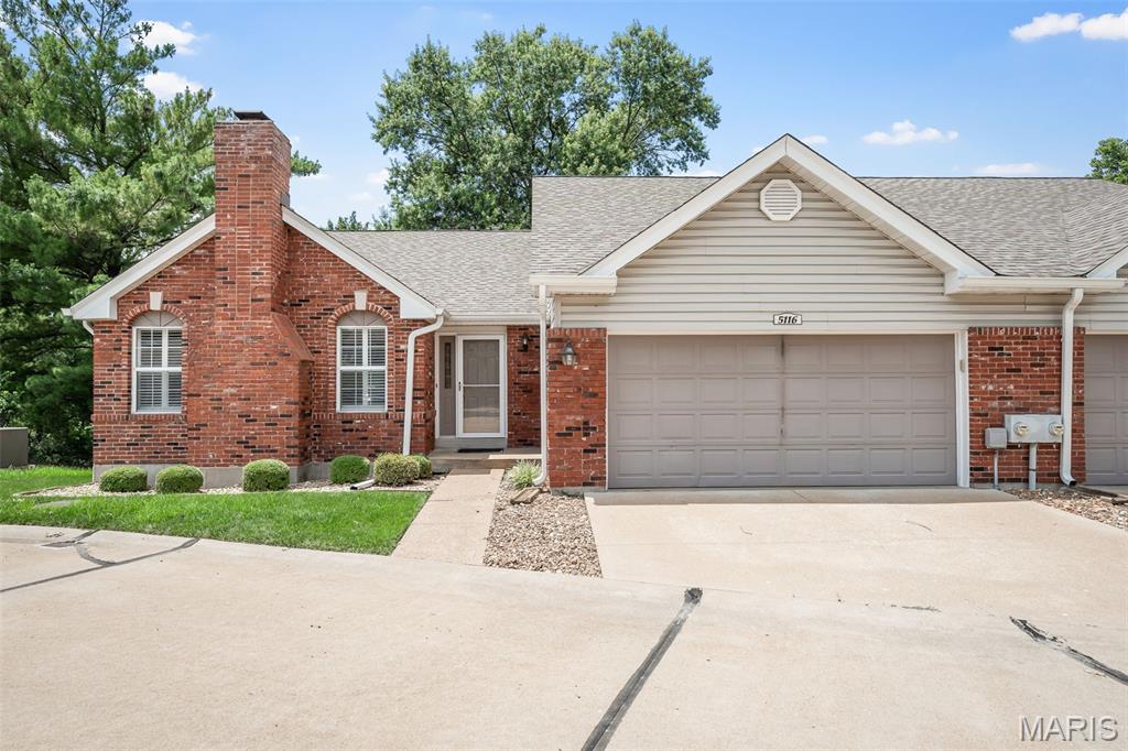 Attached brick villa on a privately maintained street in Lindbergh Schools. This 3 bed, 3 bath ranch style villa is maintenance free on the outside with lawn/landscaping, snow removal and trash included. This corner unit features main floor laundry off of the 2 car garage, kitchen with oak cabinetry, breakfast room with bead board and french door to the private deck, separate living and dining rooms, bay windows, plantation shutters, 2 decorative fireplaces, crown molding, and an open staircase to a finished walk out lower level. The master suite on the main level has a custom walk in closet and ensuite bath. A second bedroom with large closet, and hall bath rounds out the main level. The finished walk out lower level includes a 3rd bedroom, Office with built in book cases, family room, full bath and a flex/rec room to be used for almost anything. There are two basement storage areas, lower level patio and the potential to make this home your own. Comparable villas are $400k+ ARV. This one just needs your personalization. Roof 2020, new chimney cap 2026.