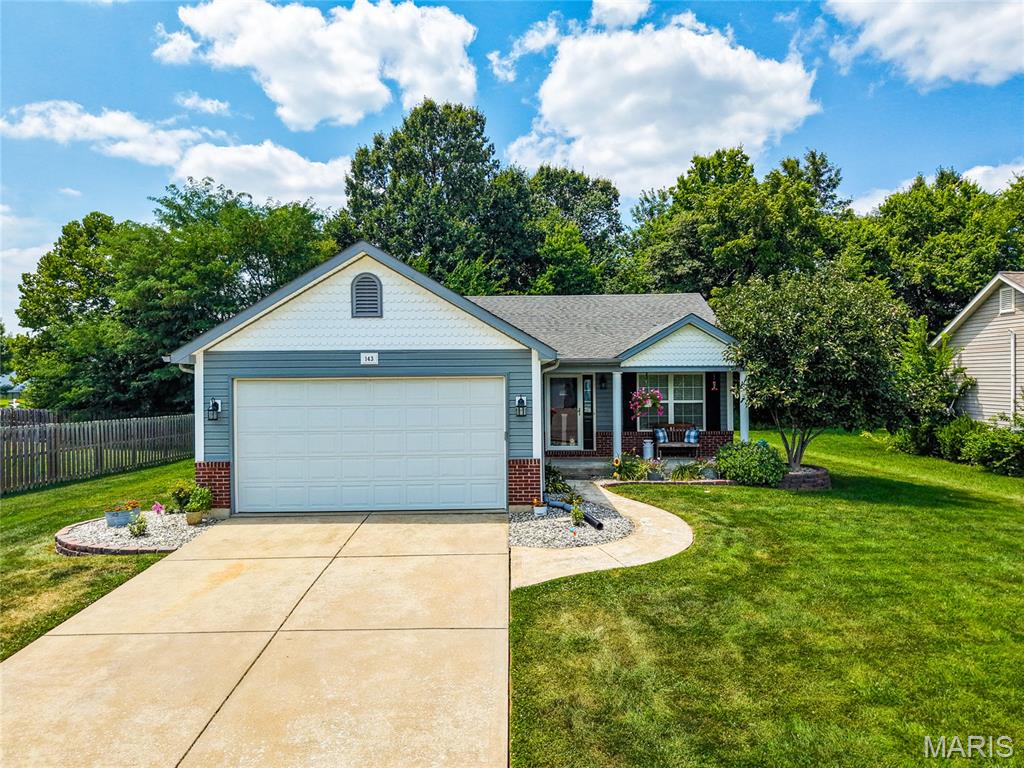 Back on the Market, no fault of the Seller's.   Updated 3 Bdrm, 2 Bath, Ranch home in Trotters Creek Subdivision (with NO HOA Dues). Spend relaxing evenings on the front porch or newer poured back patio.  Since purchasing the home in 2022, the owners have updated this home to move-in ready status.  You will be able to move in and make this home yours right away.  Kitchen/Dining Room Combo has been upgraded with tile backsplash, quartz counter-top, stainless steel dishwasher, oven, microwave, sink and faucet.  New garbage disposal. Wall has been opened up allowing dual access to the kitchen/dining room area. New pantry cabinets added for additional storage. New water heater in 2024  Vaulted ceiling living room. Back sliding door leads to a 30x14 concrete patio (poured in 2024) and level back yard with the back of the lot lined with trees for privacy. Master suite with full bath. Two additional main floor bedrooms. Main floor laundry completes this level. The unfinished basement is already plumbed for lower level 3rd bathroom to be added.  Ready for you to add more living space. Quick access to the NEW Wright City High School (0.8 mile away) and I-70 (expansion to be completed in 2028) you will be close to Warrenton or Wentzville shopping. This home is ready for you to move in.