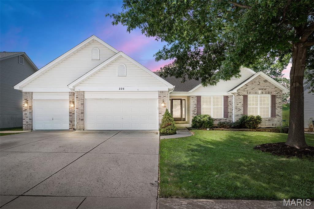 Beautiful 3 bed/3 bath ranch loaded with extras in the sought-after Fountains at Bear Creek! Extremely well kept home features a vaulted great room w/wood laminate flooring and woodburning FP flanked by windows.  Formal dining room with columns and large enough for entertaining the entire family for dinner! Huge kitchen boasts lots of 42" cabinets and counter space plus a big center island w/seating, pantry, double oven and nice size breakfast room. Primary suite with bay window and luxury bath w/separate tub and shower, double vanities and huge walk-in closet. 2 additional nice size bedrooms and full bath plus laundry complete the main level.  Open stairs to full basement with full updated full  bathroom, storage, sump pit and pump just waiting for your finishing touches to add more living space. 16 x 36 composite deck and fenced yard. Level backyard backing to common ground.  3 car garage, nicely landscaped, HVAC 2022, Roof, gutters, downspouts and fascia 2022, covered front porch and more located on a quiet Cul de sac in the back of a popular subdivision! Make your appointment to view this great home before the sign reads SOLD!!