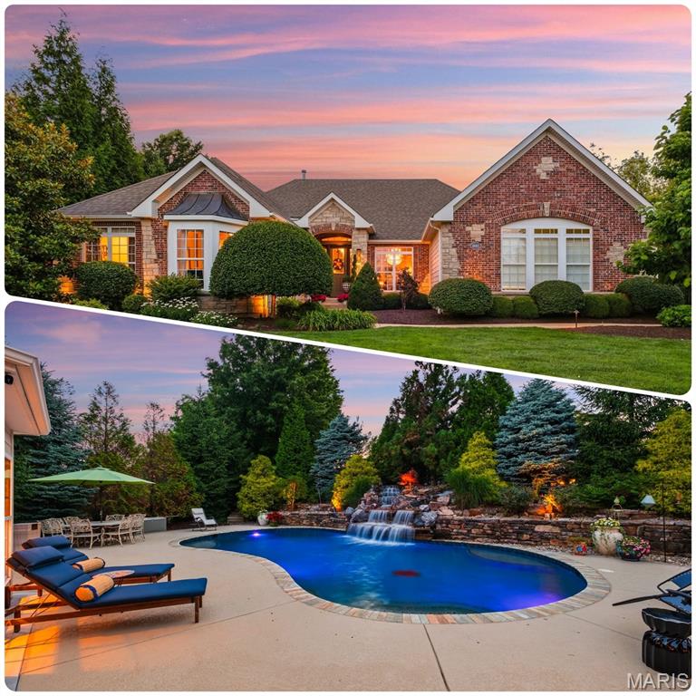 Back on market no fault of Seller, Buyer failed to perform.  Experience elevated living in this exceptional executive estate, where timeless brick-and-stone architecture meets resort-style luxury in an exclusive gated community with a scenic lake and walking trail. Close to highways 364, 70 and Wapelhorst Park.

A grand foyer welcomes you into an expansive open floor plan designed for elegant entertaining and comfortable everyday living. The formal dining room impresses with its domed ceiling and statement chandelier, while the breathtaking great room features a dramatic wall of windows overlooking the sparkling pool with a rocked waterfall and professionally landscaped grounds. The home is equipped with a whole house airplay sound system.

The gourmet chef’s kitchen is a masterpiece, showcasing custom wood cabinetry, granite countertops, premium Viking appliances, a double gas range with pot filler, warming drawers, and an impressive double-island layout. Just beyond, the breakfast room is a wet bar and  flows seamlessly into the vaulted hearth room anchored by a stunning floor-to-ceiling stone fireplace.

Retreat to the luxurious primary suite featuring a coffered ceiling and a door to the pool. A spa-inspired bath with an oversized custom shower designed for total relaxation. A custom built walk in closet provides room to organize your items and includes 2 jewelry drawers, tons of hanging space and drawers.

The finished lower level offers the ultimate entertainment experience with a spacious recreation room, custom wet bar, fireplace, and built-in bookcases. Two large ensuite bedrooms, a private office, a large storage area and a dedicated workout room complete the space.

Step outside to your private backyard oasis, professionally landscaped for year-round enjoyment. Outdoor amenities include a covered patio, built-in grilling station, soaring fireplace, and a spectacular resort-style pool with a dramatic rock waterfall surrounded by lush gardens.

The 3 car garage provides space for all your toys with a 2 car garage that wraps to a 1 car garage both have room for additional storage. The garage has newer epoxy flooring.

This extraordinary home offers refined luxury, exceptional craftsmanship, and resort-inspired living at every turn.