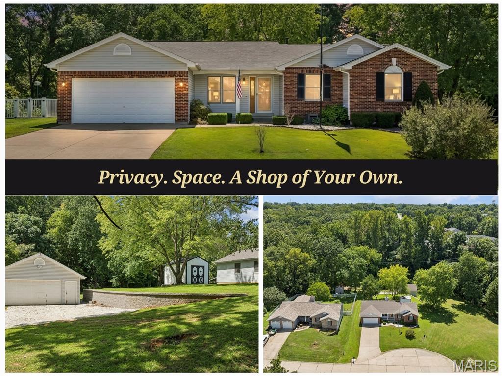 Privacy, Space, and a Shop You Won't Find Anywhere Else
Sitting at the end of a quiet cul-de-sac on just over half an acre, this home backs to a heavily wooded tree line, with a creek running along the back of the property. No back-neighbors staring into your yard. Just space to breathe.
Inside, the open floor plan makes an immediate impression: vaulted ceilings, a brick fireplace anchoring the living room, and a layout that flows naturally into the kitchen and dining area. Arched windows pull in views of the surrounding trees from nearly every angle.
The primary suite is a real retreat, complete with a walk-in closet and its own en suite bath featuring a double vanity, so you're not fighting for sink space or hanger space every morning. Two more bedrooms and a full guest bath round out the main level. Main floor laundry means no hauling baskets up and down stairs, one less chore standing between you and the rest of your day.
Downstairs, a finished bonus room adds flexible space for a home office, playroom, or media setup, and there's still plenty of unfinished square footage left to make your own. Add a home gym, a workshop, a theater room, or extra storage; the space is there and ready for whatever comes next.
Then there's the shop. A detached, oversized garage like this is genuinely rare on a subdivision lot, and it's the kind of space buyers search years to find. Whether you need a workshop, storage for equipment, or just room for the toys, it's already here.
And you get all of this less than 10 minutes from I-70. Quiet, private, and still an easy commute. This is the combination most buyers can't find. Don't miss it.