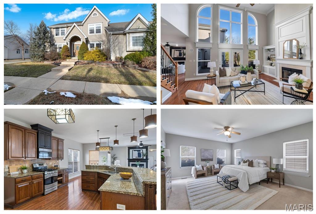 Discover a luxurious lifestyle in this stunning 1.5-story home nestled in the heart of Cottleville, Missouri. With four spacious bedrooms and a charming carriage house with kitchenette/bar above the garage, this property seamlessly blends elegance and functionality, making it perfect for families and entertaining. The vibrant main level boasts 10-foot ceilings, with a breathtaking two-story wall of windows in the great room that allows natural light to flood the space. Step through the French doors onto a large composite deck, ideal for outdoor gatherings. The gourmet kitchen, designed for both beauty and function, features 42-inch cabinets with crown molding, granite countertops, a gas range, and a cozy hearth room with a gas fireplace and atrium door leading to the deck. Your private sanctuary awaits in the luxurious master suite on the main floor, which includes his and her closets, atrium doors opening to the deck, and a spa-like bath complete with a separate soaking tub, dual vanities, and a spacious shower. An elegant wrought iron staircase leads to the upper level, where additional bedrooms, each equipped with ceiling fans and double-door closets, can be found. Bedroom 2 includes a private bath, while Bedrooms 3 and 4 share a convenient Jack and Jill bathroom. The carriage house above the garage offers a versatile family room/game area, kitchenette, and full bath, ideal for guests or as a mother-in-law suite. The expansive finished basement is perfect for relaxation and entertainment, featuring a bar area, recreation space, sleeping areas, and one full bath and a half bath. Surrounded by professionally landscaped grounds complete with an irrigation system and fencing for privacy, this property also includes a three-car garage, zoned HVAC, and an intercom system. Located in a secluded neighborhood, you’re just moments away from scenic walking trails and a tranquil pond. Cottleville is renowned for its charming community and vibrant local culture, featuring delightful dining options like Frankie’s, Martin’s, the Oak Street Inn, and the popular Mannino’s Market, along with the amazing Cookies and Cream ice cream shop. With exceptional schools and a perfect blend of luxury and comfort, this home is not just a place to live; it’s a lifestyle waiting to be embraced. Your dream home awaits!
