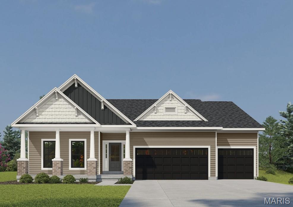 The SIERRA by Consort Homes is a new ranch craftsman-style home in the Cedarstone subdivision. This ranch home offers approximately 2,240 sq ft of living space with 3 bedrooms and 2 full bathrooms. The open floor plan includes a great room with an electric fireplace and 2-ft volume ceiling, open to the kitchen, breakfast room, and separate dining area. The kitchen features 42" two-tone custom cabinetry with crown molding, soft-close dovetail drawers, quartz countertops, stainless steel gas appliances, pantry, and optional center island with pendant lighting. The primary bedroom includes a walk-in closet and en-suite bath with double adult-height vanity and cultured marble walk-in shower. Two additional bedrooms share a full hall bath. Additional features include main-floor laundry, entry foyer, smart thermostat, 3" casing with 5" baseboards, and LVP flooring in main living areas. The full walk-out basement includes an 8-ft pour, bath rough-in, and sump pump. Exterior construction includes brick veneer, vinyl siding, architectural shingle roof, attached 3-car garage, concrete driveway, composite deck, and landscaped lot.