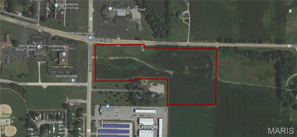 Excellent opportunity for commercial development in Bethalto. This prime 12.4-acre corner site is ideal for a retail center, gas station/convenience store, church, or retirement community. Fantastic land with too many opportunities to mention.  Conveniently located just 1.5 miles from IL-255, the property offers high visibility and strong traffic flow.  

Public utilities—water, sewer, natural gas and electricity—are available at the road. Buyers and buyer’s agents to verify all information.