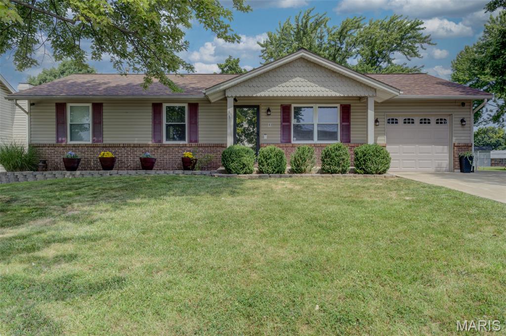 Well-kept starter home in the heart of St. Peters. This ranch offers vinyl siding; enclosed soffits; insulated garage door; architectural shingles (5/24); 22" attic insulation R-60 (6/25) ; 26 Seer A/C & 98% energy efficient furnace (6/20); home air purifier; steam humidifier with installed water filter; home security system inside & out (6/20); carpet, indoor painting, waterproof luxury vinyl flooring (6/20); wireless communicating thermostat; remote control primary bedroom & living room ceiling fans; dusk to dawn automatic outdoor lights; 5 burner gas stove; new dishwasher (1/26); new microwave (4/26); jetted tub; rec room, sleeping area/office & full bath with shower in lower level; above ground pool with newer liner. All these added features are upgrades not found in many homes, so consider these pluses.