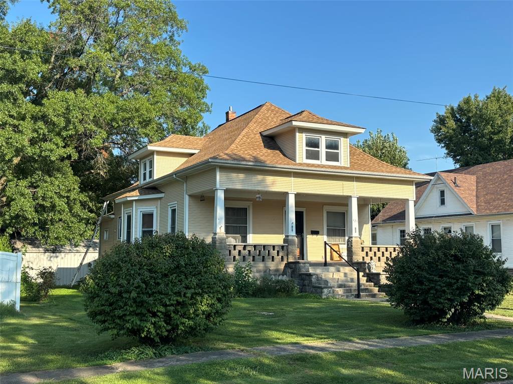 A must see 3 bedroom 1 bath home located in a historic part of Shelbina, sitting across the street the Benjamin House. A Progressive Era Craftsman (Bungalow) Style home with all the original woodwork, trim and doors. This home features a large covered front porch with the main floor consisting of the living room and adjacent sitting room with large oak pocket doors. The dining room accessed from living room, sitting room and kitchen boasts a built in China cabinet. You move seamlessly throughout the kitchen into a breakfast nook with access to the covered rear deck. The main floor also features the primary bedroom and bathroom for focused one level living. Upstairs are 2 large bedrooms and closets. Basement is unfinished with 4 large storage rooms. A 2-car detached garage sit behind the home with a shared driveway and alley access.
Of note the homes HVAC and water heater are inoperable and will need to be replaced, see seller’s disclosures. The home is priced accordingly and is being sold as-is. Contact listing agent with any question and to set up your showing.