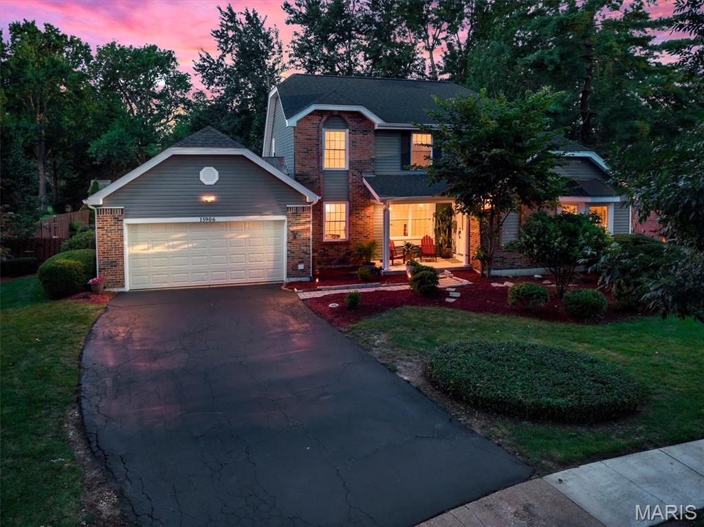 Discover a lifestyle of refined comfort at 15906 Eagle Chase Ct., a distinguished 1.5 story single family residence located on a quiet Chesterfield cul-de-sac.  This property presents an opportunity to embrace a sophisticated living experience in a coveted, kid friendly neighborhood with 3 floors of living area, and an expansive backyard paradise providing a relaxation sanctuary. Updated slate gray siding, newer architectural shingled roof, and cozy covered front porch conjoin to deliver a delectable first impression. Enter to vaulted ceilings & crown molding. Great room w/ wood-burning fireplace, skylights providing ample sunshine, & LVP flooring. Entry office room with bay window reading nook. Formal dining room. Great room flows into the tastefully updated kitchen with granite CT's, 42' cabinets, updated SS appliances w/ gas range, pass thru breakfast bar, recessed lighting, & breakfast nook. Main floor laundry off garage entrance. Primary suite offers deep walk-in closet, sep bath & shower, & sliding door to massive back deck for morning coffee. Backyard is a summer oasis. Inground heated fiberglass pool w/ fun tiki bar, gazebo canopy, & freshly mulched landscape, & sprinkler systems makes for easy yard maintenance. Pool pump, filter, & heater all replaced in the last 3 years.  The 2nd floor boasts 3 bedrooms all thoughtfully designed, ensuring convenience & comfort for family & guests alike. Full bath w/ double sink, tub, & ceramic tile flooring. Finished basement area highlights tastefully decorated 2nd living area, chic bar, workout area, & walkout access. Walking distance to Marquette HS, minutes away from shops, workout facilities, & nightlife. Must see!