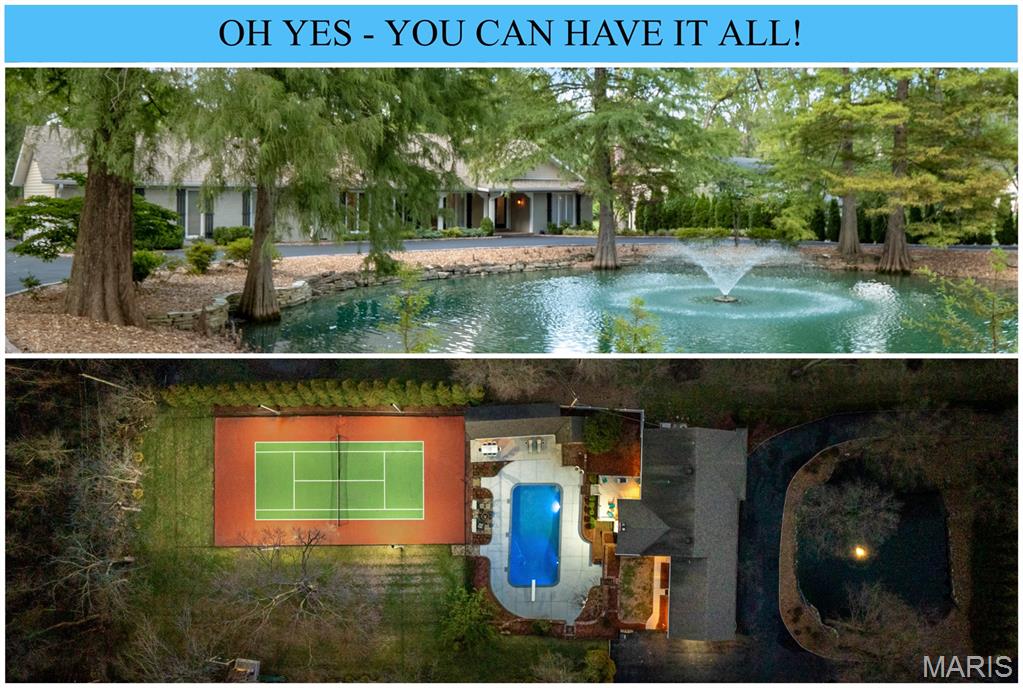 This home is going to check all the boxes - and your wish list too! Privately tucked away behind lush evergreens & a picturesque pond with breathtaking fountain sets a beautifully updated ranch home on nearly 1.5 acres of serene, park-like grounds, complete with an amazing PebbleTec inground pool, lighted tennis court or simple conversion to multiple pickle ball courts, stone fire pit, huge fenced yard & so much parking with a large circle drive. Super light & bright floor plan that’s perfect for entertaining with a wonderful flow throughout, inviting step-down living room plus great dining room with picture window overlooking this private sanctuary. Fabulous gourmet kitchen with large granite island, extensive custom cabinets, stainless appliances, recessed lighting, adjoining breakfast & hearth/family room with wood-burning fireplace and french doors to large deck & outdoor entertainment area. Main floor primary suite with spa-like bath with oversized custom shower & dressing room, main floor laundry, two rooms combined creating an amazing custom home office with conference area, plus two more main floor bedrooms and an additional full bath. Fabulous finished lower level with large rec-room, two additional bedrooms with egress windows, plus an ideal Jack & Jill style bath, lots of storage, and french doors leading to pool deck and patio. Over 4,000sqft of living area with so many built-ins and thoughtfully designed features in this perfect Smart Home with extensive outdoor entertainment areas, a park-like setting & lush landscaping… this property truly feels like your very own private country club retreat!!