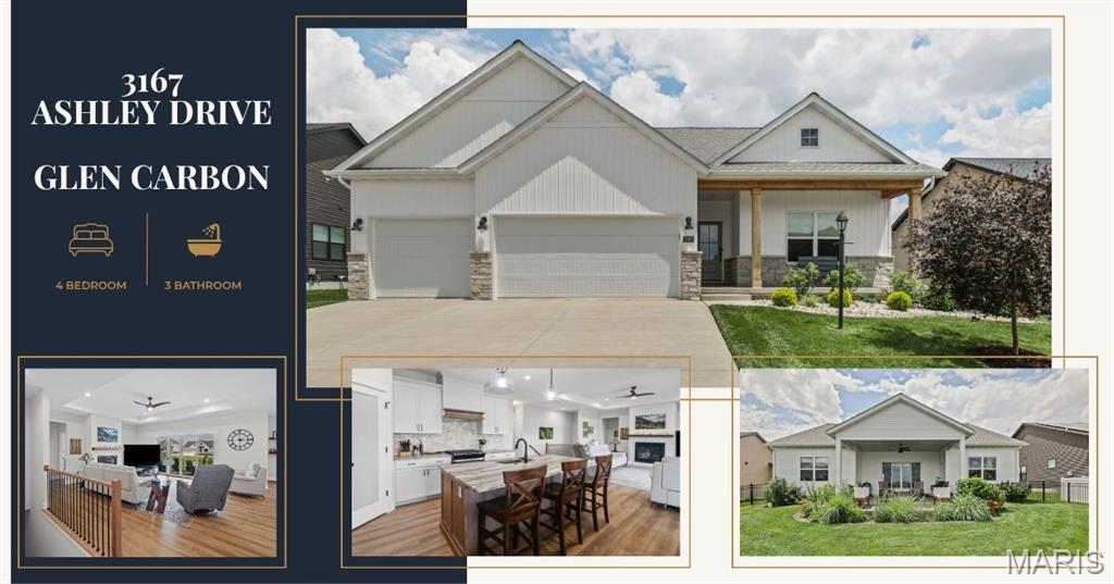 Beautiful, nearly-new 4 bed/3 bath home with a thoughtful split-bedroom floorplan and modern finishes throughout. The spacious open main level features Luxury Vinyl Plank flooring in the entry, kitchen and living room. The living room features a gas fireplace and coffered ceiling with seamless indoor-outdoor living with an extra-large sliding door to a beautiful covered back patio and extended brick patio. The light filled kitchen features granite counters, custom tile backsplash, hood vent, gas range, walk in pantry with frosted glass door and a microwave drawer along with all other appliances that are included in the purchase. Off the heated garage there is convenient main-floor laundry and a handy drop zone to keep you organized. Relax in the roomy primary suite with a walk-in closet and a spa-like bath with double comfort height vanities and a fully tiled walk-in shower. The finished lower level offers 9' ceilings, a large recreation area, full bath and additional bedroom — perfect for guests, quiet time or entertaining. There is even ample storage in the lower level with a spacious unfinished area. A whole house humidifier has been added and additional outlets. The landscaped yard includes an aluminum fence with 3 gates, professional landscaping with 4 trees, and evergreen shrubs for privacy along with an irrigation system with 6 zones. 3167 Ashley Drive is move-in ready—don’t miss this opportunity to live in a welcoming neighborhood that is located close to bike trails, shopping, dining and many other amenities.