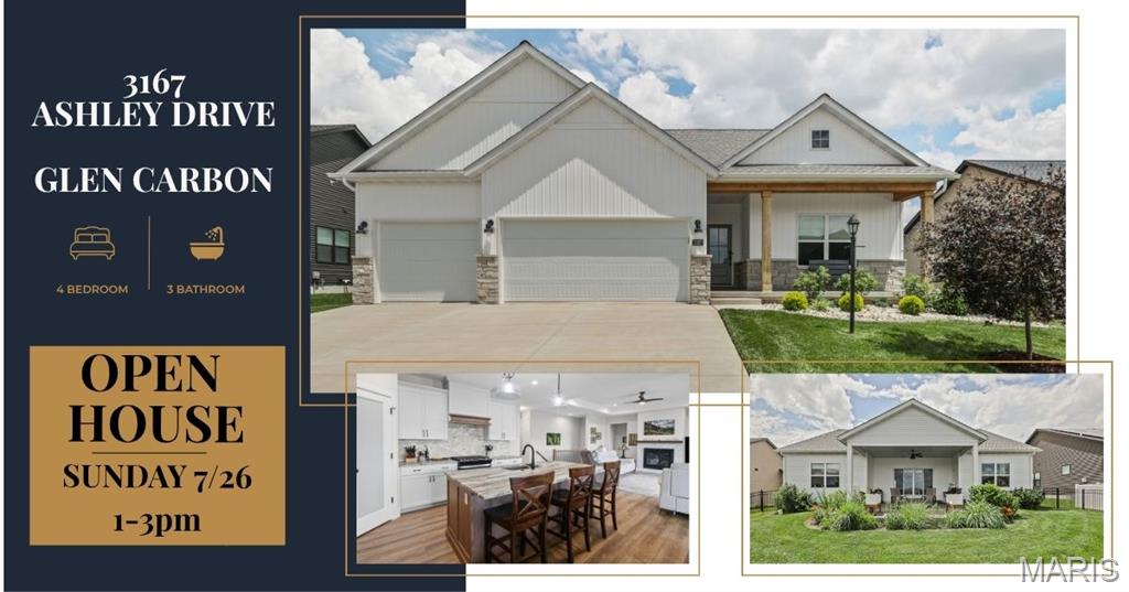 Beautiful, nearly-new 4 bed/3 bath home with a thoughtful split-bedroom floorplan and modern finishes throughout. The spacious open main level features Luxury Vinyl Plank flooring in the entry, kitchen and living room. The living room features a gas fireplace and coffered ceiling with seamless indoor-outdoor living with an extra-large sliding door to a beautiful covered back patio and extended brick patio. The light filled kitchen features granite counters, custom tile backsplash, hood vent, gas range, walk in pantry with frosted glass door and a microwave drawer along with all other appliances that are included in the purchase. Off the heated garage there is convenient main-floor laundry and a handy drop zone to keep you organized. Relax in the roomy primary suite with a walk-in closet and a spa-like bath with double comfort height vanities and a fully tiled walk-in shower. The finished lower level offers 9' ceilings, a large recreation area, full bath and additional bedroom — perfect for guests, quiet time or entertaining. There is even ample storage in the lower level with a spacious unfinished area. A whole house humidifier has been added and additional outlets. The landscaped yard includes an aluminum fence with 3 gates, professional landscaping with 4 trees, and evergreen shrubs for privacy along with an irrigation system with 6 zones. 3167 Ashley Drive is move-in ready—don’t miss this opportunity to live in a welcoming neighborhood that is located close to bike trails, shopping, dining and many other amenities.