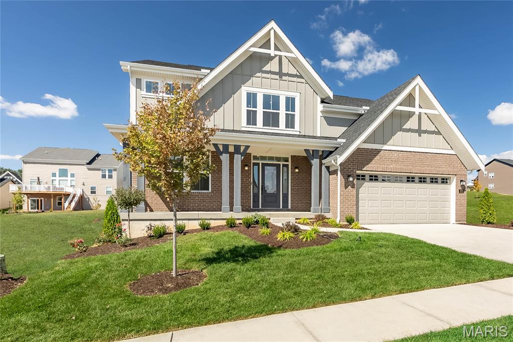 Stunning new Blair Coastal Classic plan by Fischer Homes in beautiful Streets of Caledonia featuring a welcoming covered front porch. Once inside you'll find high ceilings and a private study with double doors just off the foyer. Open concept,  island kitchen with stainless steel appliances, upgraded cabinetry with 42-inch uppers and soft close hinges, durable quartz counters, walk-in pantry and a walk-out breakfast room all open to the dramatic 2-story family room with corner fireplace. Included rec room on step down level. The primary suite is on its own level with an en suite with a double bowl vanity, garden tub, separate walk-in shower and oversized walk-in closet. Laundry room is on this level. There remaining bedrooms on the top floor share a centrally located hall bathroom. Full walk-out basement with full bath rough-in and a 2-bay garage. Some photos have been virtually staged.