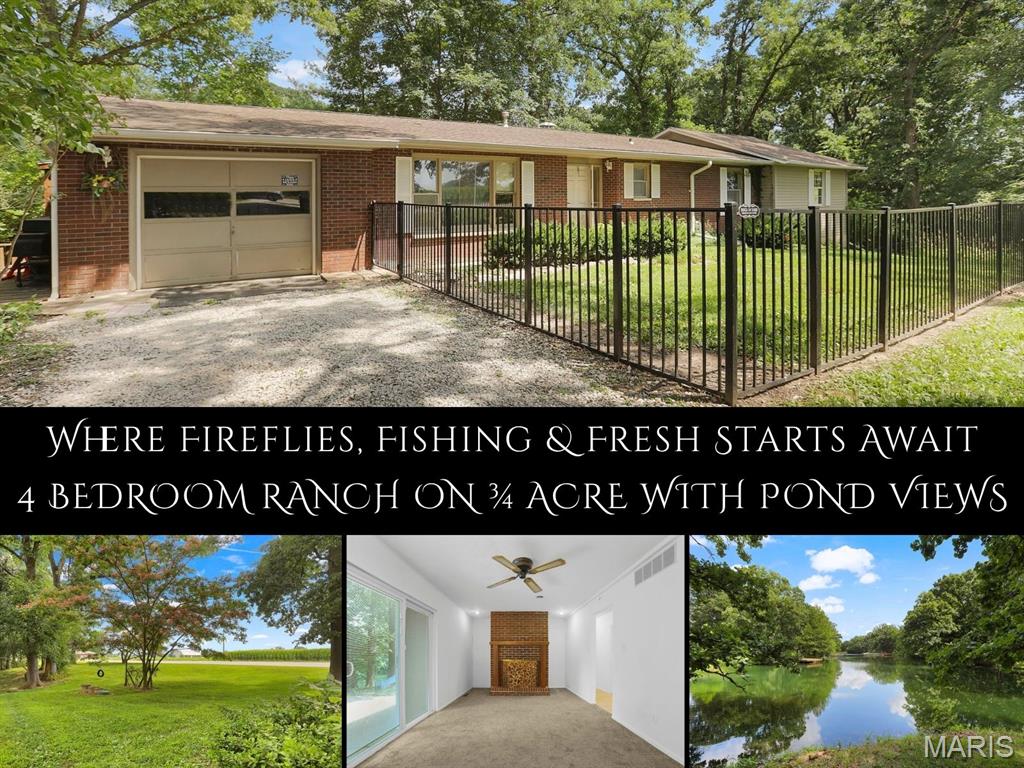 Nestled on 3/4 of an acre with peaceful pond views, this ranch is ready for its next chapter. If you've been searching for great bones, an incredible setting and the opportunity to make a home your own within the Edwardsville School District, this one is worth a look. Mature shade trees, vibrant blooming mimosa trees, rambling grapevines, generous parking and a classic tire swing create a storybook welcome. Inside, a bright foyer opens to the spacious living room with a large picture window before flowing into the eat-in kitchen featuring newer appliances, peninsula for prepping meals and an adjoining dining area. The cozy family room offers a brick fireplace and sliding glass door leading to the patio overlooking the fenced backyard, pond and surrounding wildlife. Four spacious bedrooms, a full bath, convenient half bath and main floor laundry with garage and exterior access complete the main level. The primary suite includes dual closets and alcove perfect for a nursery, cozy reading nook or work-from-home space. The unfinished lower level offers abundant storage plus an egress window and recessed closet area, providing excellent potential for a future fifth bedroom or expanded living space. Water heater replaced in 2024. Bring your vision and enjoy a property where fishing, blooming trees, birdsong, fireflies and peaceful evenings become part of everyday life. Home is being sold as is. Seller will not make any repairs. Cash or conventional financing only