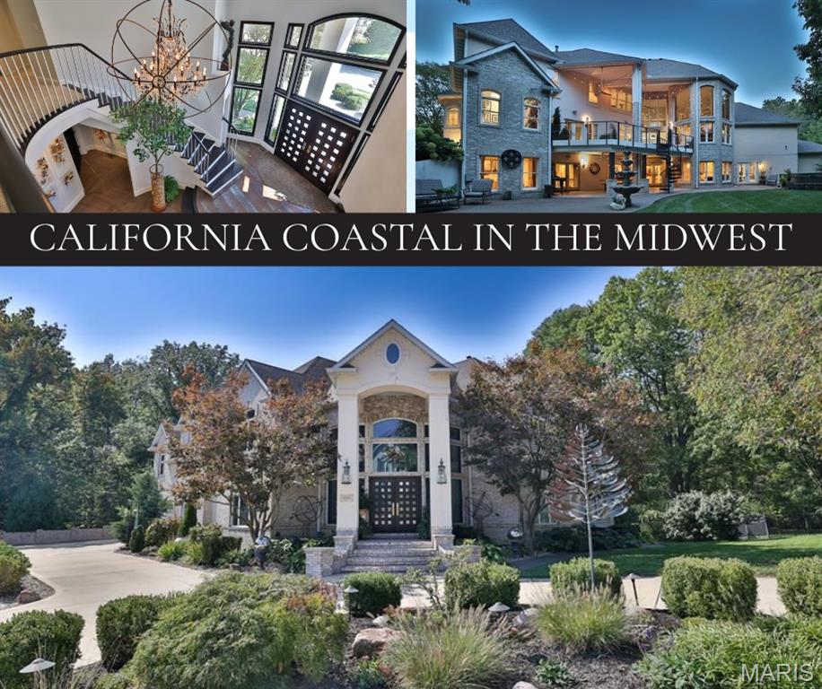 California Coastal in the Midwest: Stunning 5 bed, 8 bath, 2-story in Sunset Hills Estates, completely transformed with a sophisticated high-end rebuild in 2016 by the current owners. A custom mahogany front door opens to a grand foyer with oxidized tiles, curved staircase, and RH crystal/metal chandelier. The living area is anchored by a soaring 20’ vintage Douglas Fir timber. Chef’s kitchen boasts Danby marble countertops and island with Subzero, Wolf, and Miele appliances.
The main-level primary suite is entered through twin 8’ antique doors, with leather plank flooring and a large-scale gas fireplace. Spa-inspired bath offers a freestanding soaking tub, Italian mosaic steam shower, and a must be seen boudoir. The upper level includes: 3 ensuite bedrooms with walk-ins, an open office with built-ins, and a magazine-featured wine loft with lounge and commercial-grade, glass-walled 1000-bottle storage. AUDIO AND VISUAL RECORDING ON PROPERTY.
The multi-walkout lower level includes a 2-level theater, entertaining area with wet bar/kitchenette, 2 full baths, guest suite, laundry, bonus room, exercise room, & workshop. Outdoor living area features a covered Trex deck with spiral staircase to a covered epoxy patio & hot tub. Landscape lighting enhances the private backyard. Control4 smart home system manages museum-quality lighting, multi-zone music, & executive-level security in-house or remotely. Only 20+ miles to downtown STL & airport!  A must see to appreciate-so much more than with that new construction!