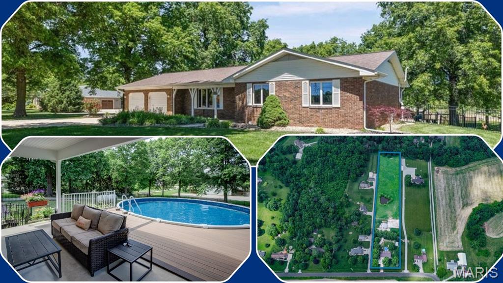 Welcome to your own private slice of country living at 4734 Drda Lane in Edwardsville—stunning property situated on 5 pristine acres where space, scenery, and convenience all meet. Tucked just minutes from it all (approx. 6 minutes to both downtown Edwardsville and interstate access), this property delivers the rare blend of country living with city amenities right at your fingertips. The acreage is well-suited for outdoor enjoyment. The outdoor living space includes a newer composite deck and a fenced yard — perfectly positioned for sunset evenings around the pool, with a view of the pasture and wide-open landscape. Equestrian-ready, the property includes a barn with a run-in shed for the horses and ample storage, an all-weather dry lot paddock with geotextile fabric under lime, a large, flat fenced grass pasture with a private pond and wood dock, and a lean-to for covered trailer parking or equipment storage. A chicken coop and covered run, a garden area, and multiple outdoor storage options support the self-sufficient lifestyle this land offers. Inside, the home offers a spacious, inviting layout highlighted by a large eat-in kitchen featuring solid wood cabinetry, Corian countertops, a generous pantry, and an adjoining breakfast area. Main level bathrooms were updated in 2024. Fresh paint, updated lighting and fixtures, brand-new carpeting, Anderson windows, and faux wood blinds bring a clean, updated feel throughout. The oversized 2-car attached garage includes storage cabinetry, a refrigerator, and attic access for added convenience. The finished lower level expands your living space with a recreation room, a 3/4 bath with ceramic tile, and a versatile bonus room, with built in shelving and a large walk in closet - ideal for a non conforming bedroom, office, or flex space. A cozy fireplace with electric logs and additional storage complete the lower level. Additional highlights include a tankless water heater, a radon mitigation system, and a well-maintained/regularly serviced aeration system.  What truly sets this property apart is a combination of the useable acreage, functional improvements, and rare proximity to the city - offering a lifestyle that feels private and rural without sacrificing convenience. A one-of-a-kind Edwardsville retreat, ready to be lived in, loved, and fully enjoyed.
