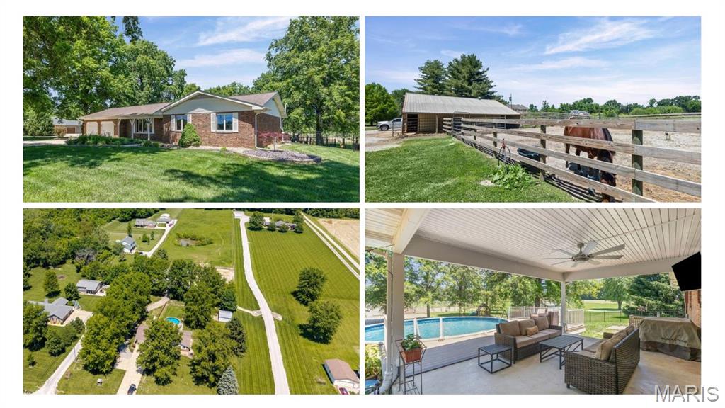 Welcome to your own private slice of country living at 4734 Drda Lane in Edwardsville—stunning property situated on 5 pristine acres where space, scenery, and convenience all meet. Tucked just minutes from it all (approx. 6 minutes to both downtown Edwardsville and interstate access), this property delivers the rare blend of country living with city amenities right at your fingertips. The acreage is well-suited for outdoor enjoyment. The outdoor living space includes a newer composite deck and a fenced yard — perfectly positioned for sunset evenings around the pool, with a view of the pasture and wide-open landscape. Equestrian-ready, the property includes a barn with a run-in shed for the horses and ample storage, an all-weather dry lot paddock with geotextile fabric under lime, a large, flat fenced grass pasture with a private pond and wood dock, and a lean-to for covered trailer parking or equipment storage. A chicken coop and covered run, a garden area, and multiple outdoor storage options support the self-sufficient lifestyle this land offers. Inside, the home offers a spacious, inviting layout highlighted by a large eat-in kitchen featuring solid wood cabinetry, Corian countertops, a generous pantry, and an adjoining breakfast area. Main level bathrooms were updated in 2024. Fresh paint, updated lighting and fixtures, brand-new carpeting, Anderson windows, and faux wood blinds bring a clean, updated feel throughout. The oversized 2-car attached garage includes storage cabinetry, a refrigerator, and attic access for added convenience. The finished lower level expands your living space with a recreation room, a 3/4 bath with ceramic tile, and a versatile bonus room, with built in shelving and a large walk in closet - ideal for a non conforming bedroom, office, or flex space. A cozy fireplace with electric logs and additional storage complete the lower level. Additional highlights include a tankless water heater, a radon mitigation system, and a well-maintained/regularly serviced aeration system.  What truly sets this property apart is a combination of the useable acreage, functional improvements, and rare proximity to the city - offering a lifestyle that feels private and rural without sacrificing convenience. A one-of-a-kind Edwardsville retreat, ready to be lived in, loved, and fully enjoyed.