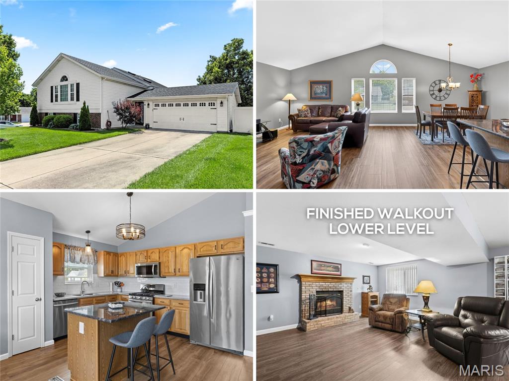 Elegant split foyer with soaring ceilings, reworked OPEN CONCEPT floor plan and FINISHED WALKOUT lower level, in quiet cul de sac near the scenic Dardenne Greenway Trail. NEWER ROOF, gutters, front door with sidelite, full-glass storm door and carriage lights. Foyer upgraded with iron-spindled stair up to EXPANSIVE VAULTED GREAT ROOM with Palladian window. Newer water-resistant WIDE PLANK luxury vinyl flooring. Bright dining/kitchen with generous wood raised-panel cabinets, SILESTONE counters, tile backsplash, newer faucet, STAINLESS appliances (refrigerator stays), chef's gas range and storage pantry. Primary suite features crown molding, relaxing bath with newer SKYLIGHT, oversized vanity and glass-enclosed shower. Secondary bedrooms have NEWER CARPET and share hall bath with tub/shower combo, another skylight. Downstairs flexible rec room with brick FIREPLACE, newer full-glass atrium doors to COVERED PATIO with wood-finished ceiling - ideal for entertaining. Convenient half bath, laundry (washer and dryer stay), storage and newer sump pump. QUARTER ACRE LOT with premium METAL-FENCED backyard. 2-car garage with newer opener. Ranked in Money magazine's "Best Places to Live", St Peters includes 1200 acres of parkland, 2 outdoor pools, huge variety of shops and restaurants, plus AWARD-WINNING SCHOOLS. Easy access to Highways 70/79/K/370/364/94. Most daily errands within a mile.