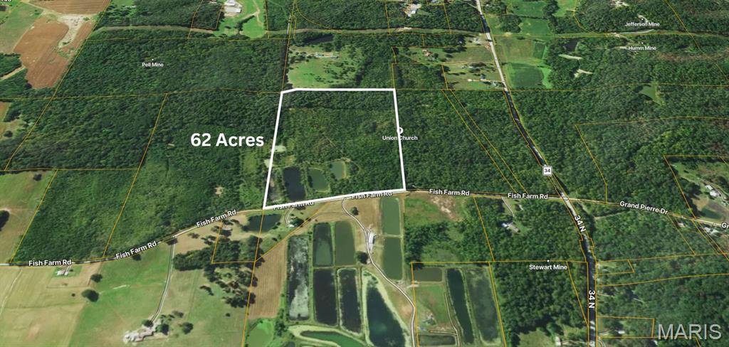 62 ± Acres on Fish Farm Rd — Stocked Fish Pond
Welcome to one of the most versatile recreational and investment tracts to hit the Hardin County
market — 62 ± acres of mixed timber and open ground on Fish Farm Rd in the heart of Southern
Illinois’s Shawnee Hills. The property features substantial paved road frontage, a stocked fish
pond on-site, and rolling, buildable terrain at roughly 430 ft elevation, well outside any flood
zone. With no countywide zoning, no HOA/POA, and the parcel can be subdivided with
multiple homes built, the possibilities are wide open: a family compound, hunting club, weekend
cabin retreat, homestead, or buy-and-hold timberland.
This is trophy whitetail and turkey country, surrounded by some of the Midwest’s most iconic
outdoor destinations — fifteen minutes from the Ohio River at Rosiclare and Cave-In-Rock
State Park, twenty minutes from Garden of the Gods Wilderness, and a short drive to Lusk
Creek Wilderness and the Shawnee National Forest’s 280,000+ acres of public hunting and
trails. Annual property taxes are an astonishingly low $153.88, and Shawnee Communications
fiber-to-the-home is built out across the surrounding exchanges. 
There is electric nearby, but not connected. This land does not have utility hook-ups
currently. Buyer will be responsible for a survey, due diligence on water (well required), septic
 and intended use.  
Local Insights. Just minutes from Cave-In-Rock State Park, Garden of the Gods Wilderness,
Lusk Creek Wilderness, and the Shawnee National Forest, this area is known for some of the
best hiking, hunting, fishing, and outdoor recreation in Southern Illinois. Nearby towns like
Elizabethtown and Rosiclare other local restaurants, riverfront dining, small-town charm, and
essential services.