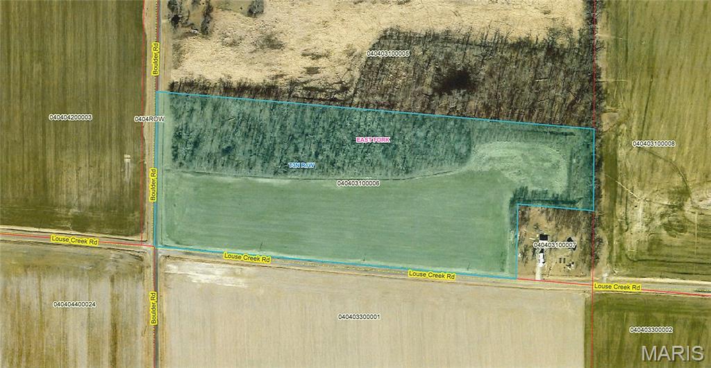 For directions to the property use the address on the corner lot that is not part of this sale at 27225 Louse Creek Rd. Carlyle Il.  Clinton County Assessors show 7.79 Acres tillable with Wynoose Silt Foam soil and 5.94 acres woods.  Would be ideal hunting ground that is income producing as well!  Currently being farmed. Public water at the corner of Louse & Boulder.  Could possibly be divided for 2 to 3 building sites.   Plenty of road frontage.  All information should be verified independently.