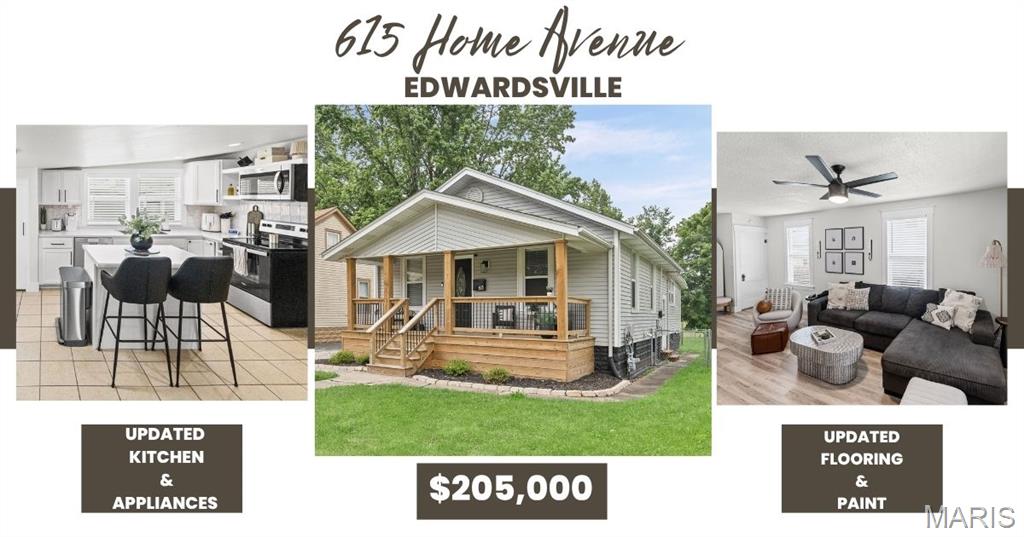 You know this is home you have been waiting for! 615 Home Avenue is a stylish bungalow home with many updates. The welcoming front porch has been completely redone and would be the perfect place to sit and relax on a nice day. As you enter home you will be greeted by LVP flooring throughout the living room and bedrooms. Fresh paint and updated lighting enhance the charm and character. An island has been added to the kitchen along with new counters and appliances (all less than 3 years old) that stay with the home. For additional storage there is even large pantry. A spacious bath includes a new vanity, lighting and fixtures. Outside there is a large, fenced back yard and garage. The park and walking trails are also located close by. Additional items include: vinyl windows, roof of home replaced 2024, insulation added to attic 2025, water heater 2024, washer and dryer are included. The garage does not have electricity, and garage roof will not be replaced by seller.