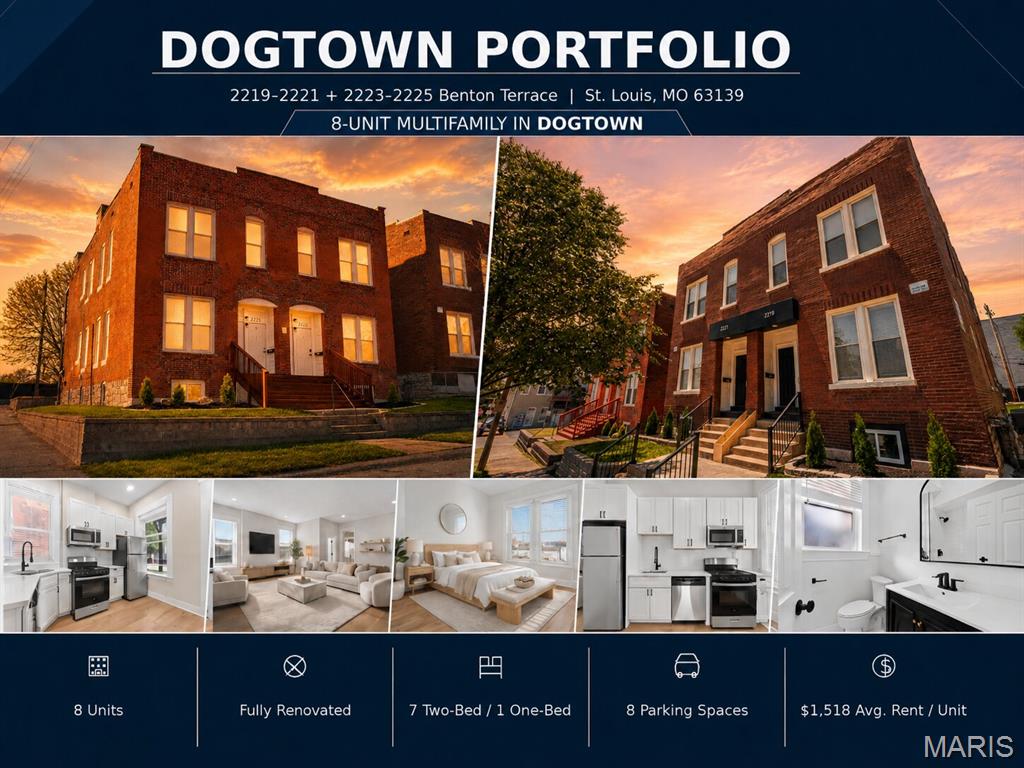 *Motivated seller — he's closing on another property and wants to align closing dates for a 1031 exchange, so schedule your tour and submit your offer ASAP.* TURN-KEY 8-UNIT DOGTOWN PORTFOLIO. TWO FULLY RENOVATED 4-FAMILIES SIDE BY SIDE.
Just-completed, top-to-bottom rehab of two adjacent brick 4-families in the heart of Dogtown, one of St. Louis' most enduring and consistently high-performing urban submarkets. Eight total units (seven 2BR/1BA plus one 1BR/1BA) across 7,400 SF of beautifully reimagined 1902 brick construction with high-end finishes in EVERY single unit. This is not lipstick on a pig. Brand new kitchens with stainless appliances and quartz countertops, full bath remodels, luxury vinyl plank flooring, fresh paint top-to-bottom, in-unit laundry in every unit, central air, forced-air heat, individual water heaters, updated electrical, and PVC plumbing stacks.
A+ TENANT BASE already in place across six of the eight units. Clean rent rolls, strong credit, professional and graduate-student renters drawn to Dogtown's walkability and proximity to Forest Park (literally adjacent), Washington University, the Barnes-Jewish and BJC medical campus, The Hill, and the Clayton CBD.
ONE UNIT VACANT IN EACH BUILDING, giving the new owner total flexibility. Move in and house hack while the other 7 units pay your mortgage. Or furnish a unit and lease it through Furnished Finder to traveling nurses and medical professionals (minutes to BJC, Children's, SLU Hospital, and Mercy). Or run it as a short-term rental on Airbnb targeting Forest Park visitors, WashU families, and sporting event guests. Or simply lease long-term at market rents of $1,550/month for the 2BRs and $1,295/month for the 1BR.
THE NUMBERS. Stabilized gross potential rent of $12,145 per month, or $145,740 per year. Stabilized NOI of $111,622. Pro forma cap rate of 6.98% at the package price. Expense ratio of 23.4%.
THE DETAILS. 2219-2221 Benton Terrace is four 2BR/1BA units at approximately 3,700 SF. 2223-2225 Benton Terrace is three 2BR/1BA plus one 1BR/1BA at approximately 3,700 SF. Eight dedicated off-street parking spaces (four per building). Private backyards, back decks, and basement storage in each building. Solid 1902 historic brick character paired with a full 2026 gut renovation. Available individually or as a portfolio package.
Walk in and collect rent. Or move in and let the tenant next door pay your mortgage. Properties like this in Dogtown don't come up, and when they do, they don't last. Schedule your showing today.