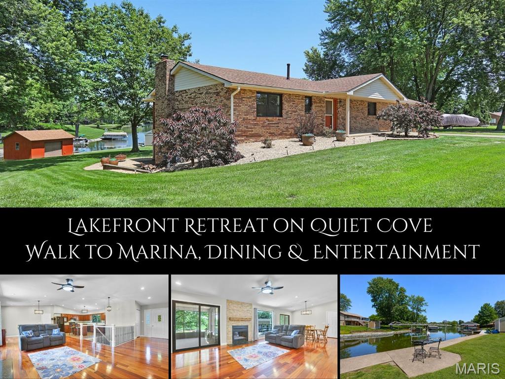 Experience lake life in this beautifully updated walkout ranch tucked along a quiet cove in Holiday Shores. Set on nearly 3/4 acre waterfront lot, this home offers relaxation, recreation & convenience just a short walk from the marina, live music, restaurants, coffee & ice cream at The Vault, & only minutes from downtown Edwardsville. Inside, rich hardwood floors & a wide-open floor plan draw your eyes immediately to sparkling water views framed by oversized windows. Gather around the stacked stone fireplace on cool evenings or unwind in the 3-season room where panoramic lake views create a peaceful backdrop year-round. The kitchen offers warm wood cabinetry, striking black quartz counters, matching appliances, walk-in pantry & dining area w/ access to a low-maintenance composite deck for lakeside dining. The owner's suite has access to the 3-season room, dual closets (1 walk-in) & updated bath with solid-surface walk-in shower. 2nd bedroom & beautifully renovated guest bath complete the main level. The sunny lower level is made for entertaining with a 2nd full kitchen, brick fireplace, 3rd bedroom (in-law/guest suite with exterior access), full bath, bonus room & access to multiple patios. Outside, enjoy expansive outdoor living spaces, a spacious yard, storage shed & solar/battery powered boat lift. Spend your days boating, fishing, swimming, skiing & tubing. Holiday Shores boasts beaches, parks, pickleball/tennis courts & community events, like their 4th of July ski show & fireworks!