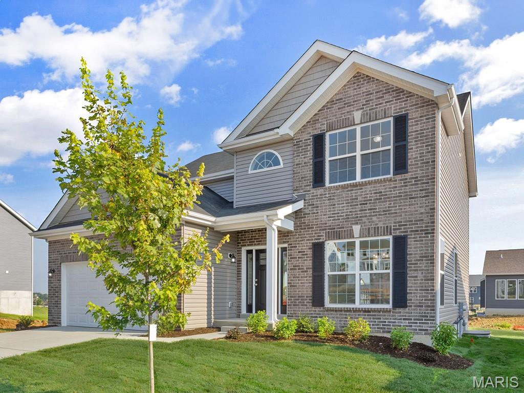 New McBride Homes Royal II 4BR 2.5BA, move-in ready in spring. Walkout homesite! Stylish 2-story with 9’ ceilings, 6’ windows, wood laminate floors, & a luxury kitchen with quartz tops, 42” Painted White cabinets, island w/breakfast bar and kitchen pantry. Open floor plan joins the kitchen, breakfast area, & family room, with a formal dining room off the foyer. Main level includes a powder room, laundry room, and sliding glass door to the backyard. Upstairs offers a spacious primary suite with walk-in closet and luxury bath with double vanity, tub, enclosed toilet, and walk-in shower. Three additional bedrooms share a hall bath. Upgraded matte black lighting and plumbing fixtures, white 2-panel doors, garage coach lights, and ¾ bath rough-in in the lower level. This community features 105 homesites with several cul-de-sac homesites and sits adjacent to Koch Park. Enjoy peace of mind with McBride Homes’ 10 year builders warranty & incredible customer service! Similar photos shown.