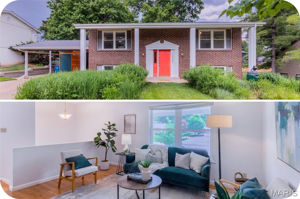 Located on a beautifully landscaped lot in Maryland Heights, this charming 3-bedroom, 2-bath home offers the perfect blend of comfort, updates, and outdoor living. On the main level you'll find beautiful hardwood floors and a sun-filled living space that welcomes you inside. The updated kitchen shines with crisp white cabinetry, quartz countertops, and an adjoining dining area ideal for everyday living and entertaining. Two good-sized bedrooms and an updated full bath fills the main level. You won't run out of space here! Head downstairs to the spacious family room with basement walk-out access and a third bedroom (with fresh carpet) + a second full bath. Outside, you'll fall in love with the incredible fenced backyard featuring a stunning collection of wildflowers, gardens, a large deck, and an expansive patio—creating a private outdoor retreat you'll enjoy all year long. Convenient covered parking with the attached 2-car carport and a desirable Maryland Heights location make this home the total package!