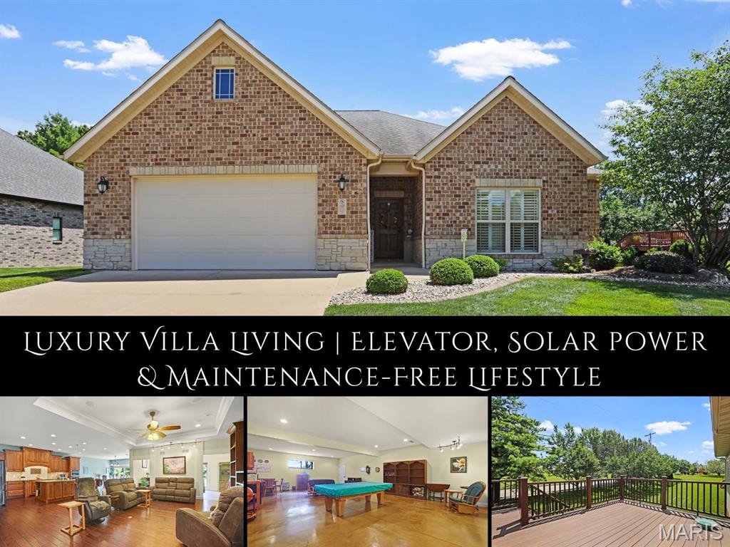 Enjoy luxury, low-maintenance living in this beautifully appointed villa in desirable Brookshire Hamlet. Designed for comfort, accessibility & ease of living, this thoughtfully crafted home features a zero-step garage entry, wheelchair-friendly layout, concealed elevator & safe room. The open-concept main level showcases rich hardwood & ceramic tile flooring & abundant natural light. The chef-inspired kitchen features elegant cabinetry, Cambria quartz counters, 2-tier center island, tile backsplash & stainless appliances. From the dining area, sliding door opens to a composite deck, with retractable SunSetter awning with side screens, overlooking mature pine trees. The spacious primary suite, topped with a tray ceiling, features a spa-like bath with dual vanities, tiled curbless, glassless walk-in shower & walk-in closet. 2 additional bedrooms, a full bath with zero-entry shower, large sitting/family room with wall of windows & laundry/mudroom w/ built-in storage complete the main level. The extra wide, open staircase leads to the finished lower level, which features polished concrete floors, an expansive rec room, 4th BR, full bath, cedar-lined closet & storage. Spend less time on upkeep & more time enjoying the things you love with HOA-provided lawncare, landscaping & snow removal. Additional highlights: high efficiency geothermal heating & cooling system, plantation shutters, paid-off solar system, 2 EV charger outlets in garage, new water heater in ‘24. Conveniently located near MCT trails, YMCA, shopping, dining & more.
