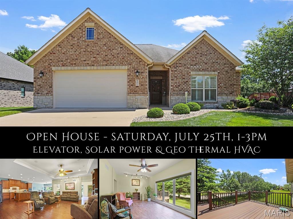 Enjoy luxury, low-maintenance living with exceptional energy efficiency in this beautifully appointed villa in the desirable Brookshire Hamlet. Featuring a paid-off solar system and high-efficiency geothermal heating and cooling, this home was thoughtfully designed to provide year-round comfort, lower utility costs and long-term value. Designed for comfort, accessibility and ease of living, it offers a zero-step garage entry, wheelchair-friendly layout, concealed elevator and safe room. The open-concept main level showcases rich hardwood and ceramic tile flooring, abundant natural light and a chef-inspired kitchen featuring elegant cabinetry, Cambria quartz countertops, a two-tier center island, tile backsplash and stainless steel appliances. From the dining area, a sliding door opens to a composite deck with a retractable SunSetter awning and side screens overlooking mature pine trees. The spacious primary suite, topped with a tray ceiling, features a spa-like bath with dual vanities, a tiled curbless glassless walk-in shower and walk-in closet. Two additional bedrooms, a full bath with a zero-entry shower, a generous sitting/family room with a wall of windows, and a laundry/mudroom with built-in storage complete the main level. The extra-wide open staircase leads to the finished lower level featuring polished concrete floors, an expansive rec room, fourth bedroom, full bath, cedar-lined closet and abundant storage. Spend less time on upkeep and more time enjoying life with HOA-provided lawn care, landscaping and snow removal. Additional highlights include plantation shutters, two EV charging outlets in the garage and a new water heater (2024). Conveniently located near MCT Trails, the YMCA, shopping, dining and more.