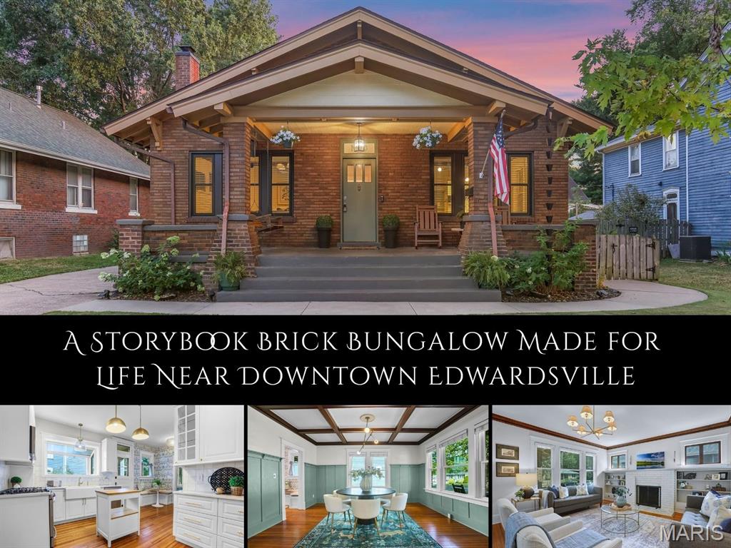 Some homes simply have a way of slowing life down. This charming brick bungalow blends beautifully preserved character with thoughtful, design-forward updates all within walking distance of the MCT Trails and downtown Edwardsville’s farmers market, restaurants and festivals. Step inside to warm wood floors, substantial millwork and sunlit rooms that feel collected rather than recreated. The living room centers around a painted brick fireplace framed by built-in bookcases, while the dining room makes a statement with its coffered ceiling and paneled walls. The updated kitchen features white cabinetry, quartz counters, a farmhouse sink, stainless appliances, gas range and butcher-block island. Just beyond, a wallpapered breakfast nook pairs a built-in banquette with original cabinetry to create an irresistible spot for morning coffee. An enclosed sunroom offers another light-filled place to relax throughout the seasons. Two spacious main-level bedrooms accompany a beautifully updated bath with classic checkerboard flooring, paneled walls and brass accents. Upstairs, a surprisingly expansive finished retreat with skylights offers room to sleep, work or unwind, along with an updated bath featuring a playful striped tile shower. Outside, fragrant climbing roses line the deep fenced yard, creating an enchanting backdrop for play, gardening and evenings on the deck. A detached garage completes this special home, rich in personality & perfectly positioned for enjoying Edwardsville.