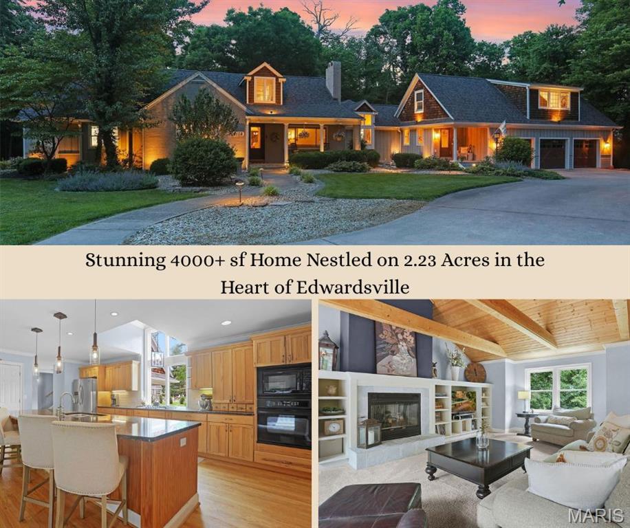 Tucked away on over 2 private acres in the heart of Edwardsville, this stunning property offers the perfect blend of privacy, space, and convenience. A long private driveway leads to incredible curb appeal, a 3-car attached garage, and additional paved parking areas. Inside, you’ll find 3 bedrooms, 3.5 bathrooms, and a versatile upper-level bonus space with roughed-in plumbing for a future 3/4 bath—ideal for creating a private 4th bedroom suite or multi-generational living option. Step through the welcoming foyer into an impressive great room featuring soaring vaulted wood ceilings and a striking fireplace. The spacious kitchen with a massive island opens seamlessly to the main living area, while the formal dining room is ready for memorable dinner parties and celebrations. A cozy den with a second fireplace creates the perfect setting for relaxing evenings or holiday gatherings. The luxurious primary suite is a true retreat with a large custom walk-in closet and spa-like ensuite featuring dual vanities, heated floors, tiled shower, and a freestanding soaking tub. Private access to the back deck adds to the serene atmosphere. The main level also includes an additional bedroom, full bath, and dedicated laundry room. Upstairs, another spacious bedroom suite offers its own ensuite bath, walk-in closet, charming window seats, and abundant storage. The full unfinished basement provides multiple storage options and has walk-out access that's ideal for riding lawnmower storage. Outdoor living shines with an expansive deck, hot tub that stays with the home, custom hardscaped firepit seating area, and a large covered screened-in porch perfect for enjoying nearly every season. The sprawling flat backyard offers endless possibilities, including plenty of room for a future pool. There's even a real California Redwood tree on the property!! Rarely does a property combine this much privacy and usable acreage while remaining just minutes from everything Edwardsville has to offer. List of updates upon request. Schedule your private showing today!