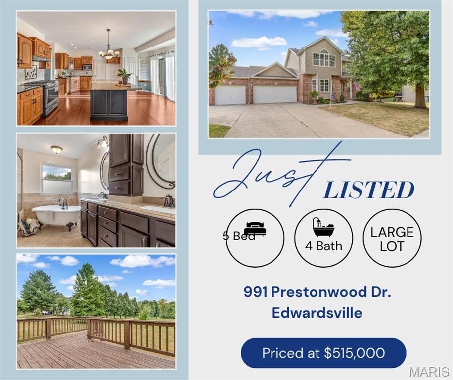 Space, style, updates & location—this one checks all the boxes! Welcome to this beautifully updated 5-bedroom, 4-bath home in Lincoln Knolls, ideally located in the Edwardsville School District and just minutes from interstate access, shopping, dining, and schools. Step inside to a spacious, inviting layout designed for the way you live today. The updated kitchen opens seamlessly to the family room, creating an easy flow for everyday living and entertaining. Generously sized bedrooms offer plenty of room to relax, while large closets provide the storage everyone is looking for. The spacious primary suite is a true retreat, featuring a charming clawfoot bathtub that adds a touch of timeless character and creates the perfect spot to unwind. Downstairs, the updated finished walk-out basement takes the living space to another level while still leaving plenty of unfinished storage space! Featuring an additional bedroom and full bathroom, this flexible space is ideal for guests, a teen suite, home office, or recreation area. With 5 bedrooms, 4 baths, an updated walk-out basement, spacious rooms, and a prime Edwardsville location, this home offers the space and versatility you’ve been searching for—all in a location that makes everyday life convenient. New roof in 2024. Come see why this one deserves to be at the top of your list!
