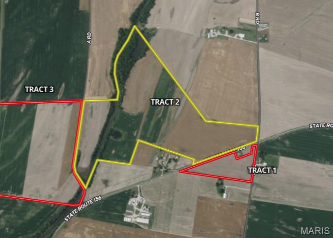 Price listed is starting bid only. 
Tract 2 – 108.94 +/- Acres
89.38 +/- tillable acres
Wooded ditch line present. Frontage on both “A” Road and State Route 156.
Joins property located at 641 State Route 156, Valmeyer, IL (residence not included in sale)
Parcel: 09-05-400-001-000 & Part of Parcel: 09-08-100-001-000
Live and Online Auction Wednesday July 29th at 6:30. Location will be at Monroe County Fairgrounds, 4177 State Route 156, Waterloo, IL 62298.
Pre-bidding Opens Online: Mon, July 20th, 2026 at 12 pm. Property viewing is April 4th from 9-11. Listing price is not indicative of the reserve.