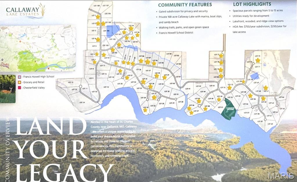 Nestled in the heart of St. Charles County near Defiance and New Melle, MO, Callaway Lake Estates offers a rare opportunity to build your dream home surrounded by natural beauty while remaining close to modern conveniences. This private community is designed for those seeking space, recreation, and long-term value. The development features 108 homesites, with 40 already sold in the first 18 months, demonstrating strong demand for acreage property in this desirable area.  Welcome to Lot 105.

All lots are 5+ acres and thoughtfully positioned to provide privacy, scenic views, and the perfect setting for your forever home or peaceful weekend retreat. Ownership in Callaway Lake Estates also includes shared ownership of the stunning 168-acre Callaway Lake, ideal for fishing, kayaking, and enjoying the outdoors.