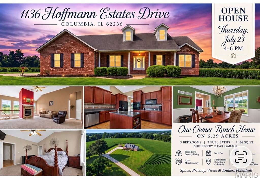 OPEN HOUSE THURSDAY, JULY 23 4:00 - 6:00 PM. Escape to the perfect blend of peaceful country living and everyday convenience! Situated on 6.29 scenic acres on Columbia's highly sought-after north side, this one-owner 2,136 sq. ft. ranch offers the privacy you've been dreaming of while remaining just minutes from everything. Enjoy easy access to I-255, making commuting to St. Louis, hospitals, shopping, dining, entertainment, professional sports, and Lambert International Airport a breeze—all while being only 5 minutes from charming downtown Columbia and located in the highly acclaimed Columbia School District. Best of all, this property is NOT located in a subdivision—meaning no HOA dues and no subdivision restrictions—giving you the freedom to truly enjoy your land.  Inside, you'll love the thoughtfully designed split-bedroom floor plan featuring 3 bedrooms, 2 full baths, a welcoming office, and a formal dining room just off the entry. The spacious living room showcases vaulted ceilings, a cozy gas fireplace, and breathtaking views of the surrounding countryside. The kitchen offers abundant cabinetry, generous workspace, and flows seamlessly into the main living areas, making it ideal for everyday living and entertaining. The private primary suite is a true retreat with a large walk-in closet and an ensuite bath featuring a corner soaking tub, dual vanity, separate shower, and private water closet. An unfinished lookout/daylight basement provides endless possibilities for future living space, recreation, a workshop, or abundant storage. Complete with a side-entry 2-car garage and an inviting covered front porch perfect for morning coffee or evening sunsets, this property offers the lifestyle buyers have been searching for.  After being loved by it's original owner, this home is ready for its next chapter and offers an incredible opportunity to update and personalize to your own style. Priced to reflect the opportunity for cosmetic improvements, buyers can invest in updates while building equity in an exceptional location that's increasingly difficult to find.