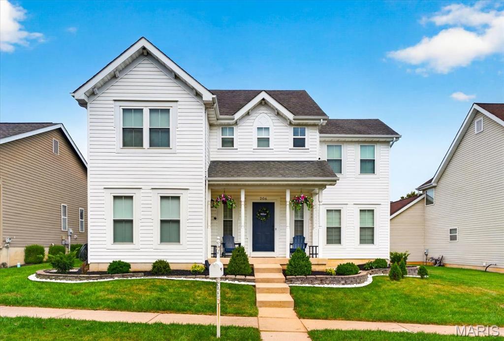 LOCATION, UPDATES & MOVE-IN READY! Nestled in the highly desirable WingHaven community, this beautifully updated home checks every box. The inviting floor plan features 9 ft ceilings throughout, arched doorways, a dedicated office, formal dining room, spacious great room, breakfast room, a convenient main-floor powder room, laundry room with a utility sink, and a finished lower level. The kitchen has been beautifully updated with white cabinetry, quartz countertops, stainless steel appliances, and abundant cabinet and prep space. Plenty of windows throughout the home fill every room with natural light, creating a bright and inviting atmosphere.Upstairs, you'll find a spacious primary suite featuring vaulted ceilings, a walk-in closet, and a beautifully renovated ensuite with dual vanities, a walk-in shower, and a freestanding soaking tub. Three additional bedrooms and a full bath with dual vanities complete the second level. The finished lower level offers exceptional additional living space with a full bathroom, large recreation room and bonus room, perfect for a home gym, playroom, media room, or guest space. Step outside to enjoy the fenced backyard featuring a pergola-covered patio, ideal for relaxing or entertaining. Located just moments from the Boardwalk at WingHaven, St. Charles County Library, playground, sport courts, community garden, parks, golf, shopping, dining, and top-rated schools, this exceptional WingHaven home offers the perfect blend of luxury, comfort, and convenience. The new refrigerator, washer/dryer, and blinds ALL STAY!, PLUS the whole-house water softener and drinking water filtration system!