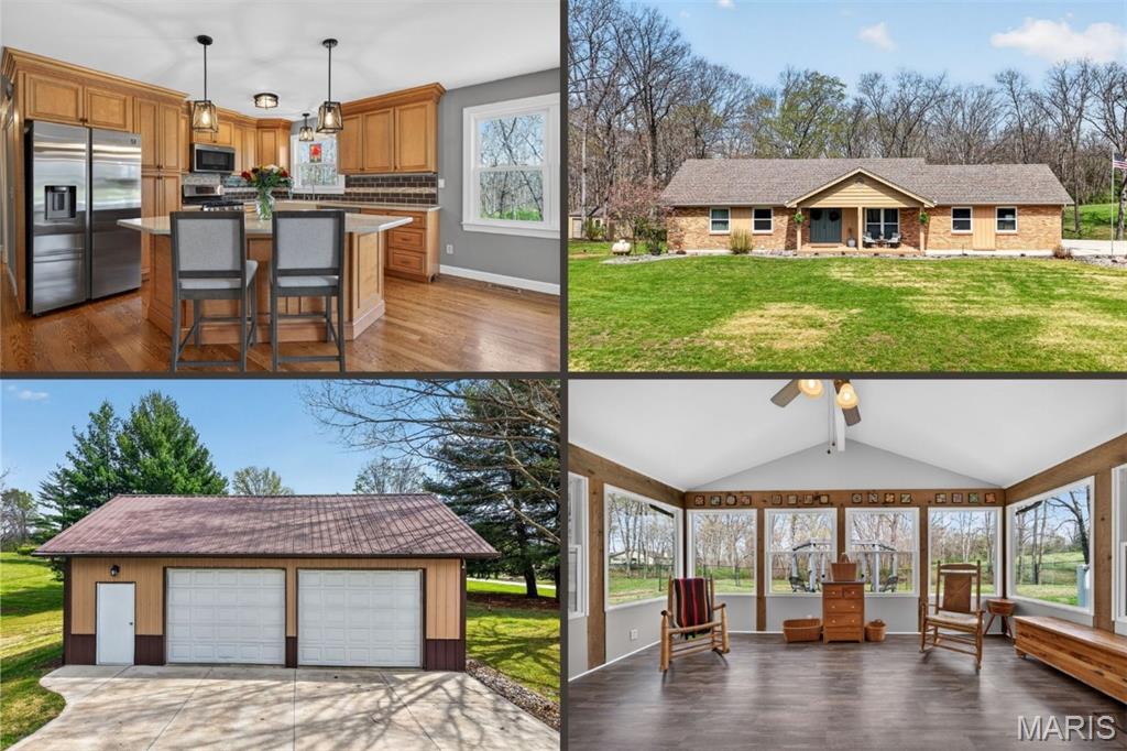 Welcome to this beautiful, brick ranch home perfectly nestled on 3 private acres backing to serene woods, offering the ideal blend of comfort, space, and peaceful surroundings. 

This home also offers the ease of one floor living perfect for the empty nester, while still providing incredible flexibility for a variety of lifestyles. As you arrive, you’re greeted by a large, newer concrete driveway (2020) and an impressive 24x36 detached garage featuring an enclosed, heated room—perfect for a workshop, hobby space, or additional storage. Step inside to a welcoming foyer showcasing gleaming hardwood floors and a cozy fireplace, setting the tone for the warm and inviting interior. The open floorplan flows seamlessly into an updated kitchen complete with stylish cabinetry, a matching built-in desk area, and pantry cabinets—designed for both function and convenience. The adjoining dining area opens to a newer sliding door (2015) leading to an updated composite deck, ideal for outdoor entertaining or simply enjoying the scenic backyard.
The main level features a spacious primary suite with dual closets and a stunning custom bathroom, complete with a second washer and dryer hookup for added convenience. An oversized hall bath and a generous second bedroom complete the main floor.

The finished lower level offers exceptional versatility, featuring a large recreation room with a gas fireplace and the potential for multigenerational living with space for a future kitchenette. With its flexible layout offering two separate living spaces, the lower level could easily serve as a private guest retreat, in-law quarters, or even a dedicated teenager space. You’ll also find a third bedroom, full bathroom, and an additional flex room perfect for a home office or guest space. A bright sunroom provides a relaxing retreat and walks out to a patio, extending your living space outdoors. For added convenience, the home offers dual laundry areas with washer and dryer hookups located on both the main level and in the lower level, making everyday living and guest accommodations even more functional.

Notable updates include HVAC (2020), water softener (2016), main area light fixtures (2025), upgraded electrical panels with added 200-amp service (2013), double-hung windows on the main level (2015), front door (2017), removal of popcorn ceilings, and updated bedroom carpeting (2015). Washer, dryer, and kitchen refrigerator are included—making this home truly move-in ready. Don’t miss this rare opportunity to own a well-maintained home with modern updates, flexible living space, and a picturesque setting.