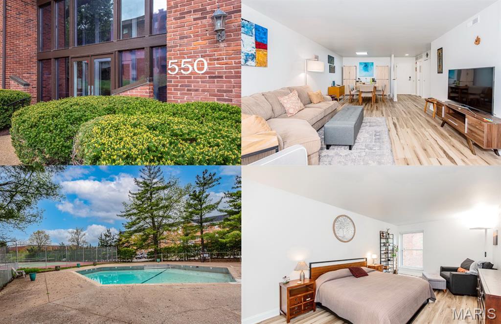 HUGE Price Drop & OPEN FRIDAY 5-7PM! Discover modern style and care-free community living in the sought-after Coeur de Royale! This beautifully updated 2-bed, 2 full bath home offers newer flooring, over 1380 sqft of livable space with plenty of storage, in-unit laundry, secure garage parking, HUGE primary walk-in closet, a big private balcony, great amenities and so much more! An inviting atmosphere as you enter the foyer to the building - the elevator leads you to the unit. The open floor plan blends contemporary design with functionality - big dining area as you enter followed by the large living room. Living room area features sliding door to the balcony and lots of natural sunlight. Modern kitchen with granite countertops, great appliances, double wall oven, a pantry and has a second access to the balcony. You'll love the luxurious primary suite with a large walk-in closet and a beautiful bathroom. A versatile second bedroom can serve as a home office or guest space. Across you'll find the second full bath. Storage & utility room by the entrance of the unit, hallway has a convenient laundry space with shelving. Enjoy ample storage, a dedicated locker and an assigned garage space! Community amenities include a pool, tennis courts, and an elegant clubhouse with a kitchen, library, a sauna and BBQ grills. All this for area low association dues! Convenient to restaurants, shopping, highways, parks & Creve Coeur golf course+++ Move-in ready for YOU. Schedule your private tour today, you'll LOVE this place!