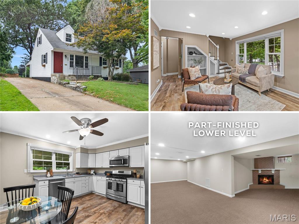 Adorable UPDATED 1.5-story with 4 bedrooms, 2 full baths, and part-finished lower level - just one block to Old Town Florissant. Charming historic CURB APPEAL with front porch, dormers, landscaping and low-maintenance vinyl siding. Bright living room with triple window, RECESSED LIGHTS, water-resistant LUXURY VINYL PLANK flooring and display built-ins. Stunning eat-in kitchen with white cabinets, crown molding, corner turntable storage, STAINLESS APPLIANCES, gas griddle range with front controls, microwave hood and dishwasher. Step out to OVERSIZED COVERED PATIO - ideal for entertaining. 2 bedrooms on main level share renovated hall bath with tiled tub/shower combo. Upstairs another 2 bedrooms with WALK-IN CLOSETS and sloped ceilings/nooks, plus 2nd hall bath with tiled tub/shower combo. Downstairs flexible family room with decorative fireplace and brick hearth. GENEROUS STORAGE and laundry hookups. Lovely FENCED BACKYARD with raised garden beds, shade trees and STORAGE SHED for tools/toys. Off-street parking for 3 vehicles or space for RV. Walkable location near quaint shops and restaurants, and 13-acre BANGERT PARK (pool, playgrounds, sports & more). Easy access to Highways 270/170/67 with most daily errands within a mile.
