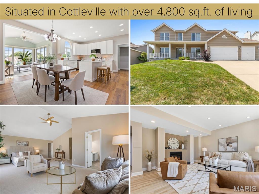 Over 4,800 square feet of living space! Welcome home to this beautifully updated five bedroom, five bathroom home in the heart of Cottleville and sought-after Francis Howell School District, where luxury and resort-style living meet. Step inside to an abundance of natural light and beautiful, brand-new luxury vinyl plank flooring that guides you seamlessly from room to room. Upfront, a dedicated office/study offers a quiet workspace, while the formal dining room features classic crown molding and chair railing. The heart of the home opens into an impressive kitchen featuring new quartz countertops, a large island, 42” cabinetry with under-cabinet lighting, and a walk-in pantry. Right off the kitchen is the large breakfast room, which leads seamlessly into the sun-drenched sunroom or out onto the maintenance-free composite deck with built-in post lighting, perfect for evening outdoor dining. Relax in the spacious, bright living room with a cozy gas fireplace and large bay window wall. A wide rear staircase leads up to an extraordinary primary suite with vaulted ceilings, an attached sitting room, a customized walk-in closet, and a luxury spa bath with dual vanities, a whirlpool tub, and a seated walk-in shower. Three additional large secondary bedrooms feature walk-in closets and bathroom access (including a Jack & Jill). Expand your living space with this expertly and professionally finished walkout basement, designed to mirror the luxury of the main floor. Featuring matching 9-foot ceilings and an open staircase that floods the lower level with natural light, this space feels completely integrated with the rest of the home. Gather around the cozy gas fireplace in the expansive living area, or utilize the private lower-level bedroom and full bathroom for ultimate convenience and guest privacy. Step directly outside through the walkout doors to seamlessly blend indoor and outdoor living. Complete with an oversized 3-car garage featuring 8-foot garage doors and soaring 10’6” ceilings (perfect for extra storage or a car lift), this feature-packed Cottleville home is a must-see turn-key dream ready for your next chapter!