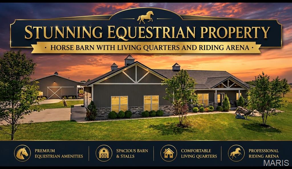Bring Your Horses and Enjoy the Ranch Lifestyle You've Been Looking For! This custom-built ranch sits on 7.5+ beautiful acres in Southern Lincoln County and is loaded with upgrades both inside and out. From the moment you pull through the electric gated entrance, you'll notice the attention to detail with the property's custom welded steel fencing and custom fabricated welded metal gates, designed for both beauty and durability.

Horse owners will appreciate the well-thought-out setup featuring a riding arena, horse barn with 3 stalls, private mother-in-law suite, two loafing sheds, hay barn, chicken coop, and heated automatic livestock waterers throughout the property. Whether you're an equestrian, hobby farmer, or simply enjoy country living, this property is ready to go from day one.
Inside, the home offers an open and inviting floor plan with vaulted ceilings, a stunning stone fireplace, bay window with custom storage bench, plantation shutters throughout, commercial-grade luxury vinyl flooring, and a 15' x 20' Patriot Sunroom perfect for enjoying the views year-round. The kitchen was designed for both everyday living and entertaining, featuring 42" soft-close cabinetry, quartz countertops, travertine backsplash, gas range, stainless steel appliances, center island, and a walk-in pantry with custom shelving.

The spacious primary suite features a tray ceiling and spa-like bath with an oversized walk-in shower and multiple shower heads. Additional highlights include a large laundry room with custom cabinetry, security system, pellet stove, oversized 4-car garage with half bath, and a built-in safe room.

Step outside and discover what truly makes this property special. The outdoor living space is designed for entertaining and enjoying the ranch lifestyle, featuring a massive 35' x 33' stone paver patio, outdoor fireplace, built-in bar, hot tub, custom fire pit with built-in seating, and a beautiful gazebo overlooking the property. Whether you're hosting friends, enjoying family gatherings, or relaxing under the stars, this outdoor space was built to be enjoyed.
Located just minutes from Troy and Highway 61, this turnkey ranch offers the perfect combination of luxury living, equestrian amenities, and country charm. Properties with this level of craftsmanship, infrastructure, and attention to detail rarely become available. Just bring your horses, your toys, and start enjoying everything this incredible property has to offer.