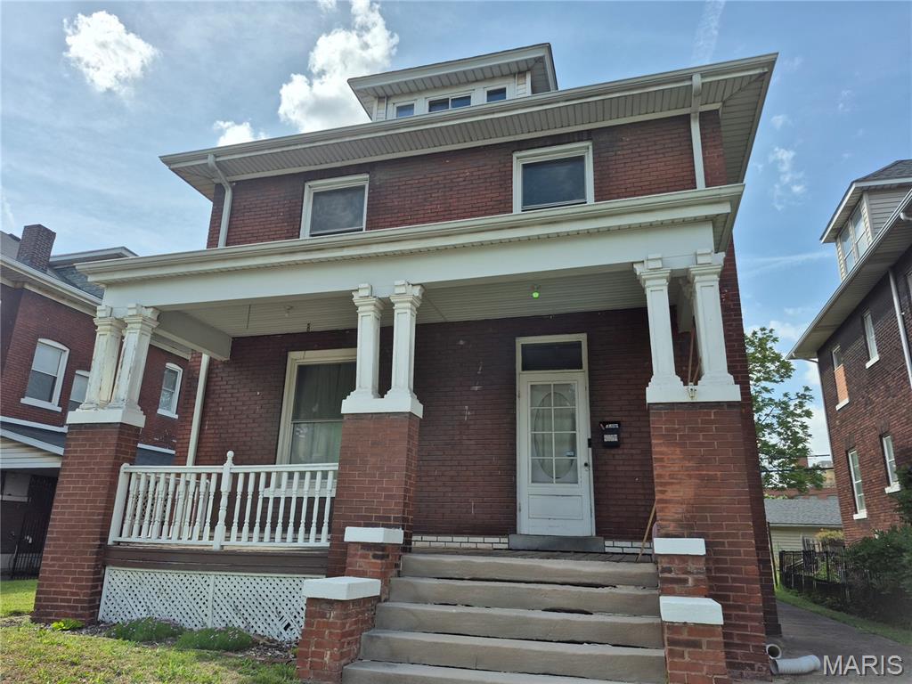 HERE'S YOUR OPPORTUNITY TO OWN A PIECE OF HISTORY. AREA FORMERLY REFERRED TO AS "SILK STOCKING ROW" FOR ALL THE GRAND HOMES THERE. THIS STATELY 2 1/2 STORY FULL BRICK HOME IN GRANITE CITY'S DOWNTOWN AREA IS WALKING DISTANCE TO LIBRARY, PARK, CHURCHES, RESTAURANTS, CINEMA AND ENTERTAINMENT VENUES. STEP IN TO ENTRY FOYER THAT LEADS TO SPACIOUS LIVING ROOM WHICH FEAUTURES GAS FIREPLACE WITH ORIGINAL TILE SURROUND. FORMAL DINING ROOM HAS WORKING POCKET DOORS FROM LIVING ROOM. MOST ALL WOODWORK IS ORIGINAL.  EAT-IN KITCHEN HAS OAK CABINETRY WITH TILE BACKSPLASH. SS APPLIANCES WILL REMAIN. MAIN LEVEL DEN/OFFICE WITH LARGE CLOSET. TOTALLY UPDATED MAIN LEVEL BATH HAS WALK-IN SHOWER, NEW VANITY & LIGHTING. THREE SPACIOUS BEDROOMS & 1 SMALLER BEDROOM ON THE UPPER LEVEL. UPDATED BATH STILL HAS SOME OF THE ORIGINAL FIXTURES. THIRD LEVEL HAS 10 FT CEILINGS WHICH COULD BE FINISHED FOR ADD'L LIVING SPACE. FULL BASEMENT IS DRY & HAS LARGE AREA THAT COULE BE USED AS FAMILY/REC ROOM. TONS OF STORAGE AND SEPARATE WALK-IN CLOSET FOR EVEN MORE STORAGE!! FENCED REAR YARD LEADS TO 2 CAR GARAGE WITH ALLEY ACCESS & ADD'L PARKING. HOME HAS HAD MANY UPDATES SUCH AS WINDOWS, ELECTRICAL, PLUMBING. & PAINTING BUT IS BEING SOLD AS-IS INCLUDING CITY OCCUPANCY REPAIRS. SELLERS HAVE COMPLETED SOME ITEMS.