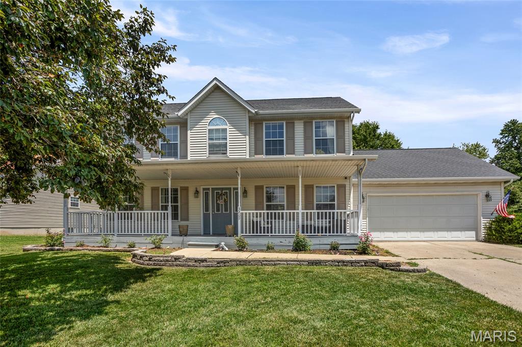 This spacious two-story home offers three bedrooms, two and a half baths, and a two-car attached garage. The entry welcomes you with ceramic tile, while the dining, living, and family rooms feature  bamboo hardwood. The open kitchen boasts appliances purchased in 2025, walk-in pantry, breakfast nook, and ample cabinetry. The family room includes a cozy gas fireplace, plenty of natural light, and open staircase  which can also be accessed from the formal living room. The startegically placed laundry room located directly off the garage and the updated half bath completes the lower level. Upstairs offers three generous bedrooms plus an office space. The master suite features vaulted ceilings, , updated flooring adding a fresh, modern touch along with a double vanity, separate shower, soaking tub, private toilet area, and walk-in closet. Outside, enjoy a covered front porch, or lounge near the inground pool on the concrete patio, surrounded by newer privacy fence. An additional storage shed for pool and yard equipment comes in handy, Conveniently located near shopping, dining, schools, and major roadways, this home combines comfort, functionality, and outdoor enjoyment. Schedule your private showing today!