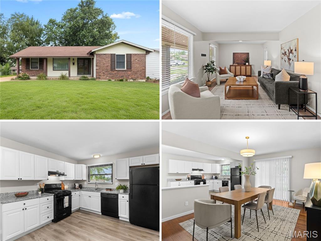 Charming ranch cottage with owner suite, FANTASTIC UPDATES, open floor plan and large backyard in WALKABLE location near shops and restaurants. Curb appeal features brick detail, vinyl siding/soffit/fascia, covered front porch and side-entry attached OVERSIZED 2-CAR GARAGE. Double door entry with full-glass storm doors. Entry foyer opens to bright living room with water-resistant LUXURY VINYL PLANK flooring. Flexible dining room with hardwood and sliding door to patio - ideal for entertaining. Updated kitchen with white raised-panel cabinets, GRANITE COUNTERS, black appliances with gas range, front controls, overhead vent, dishwasher and storage pantry. Access door to driveway connecting to patio and garage. PRIMARY SUITE with WALK-IN CLOSET, updated bath and step-in shower. Secondary bedrooms feature wood flooring and share updated hall bath with tub/shower combo. 6-panel interior doors and breezy ceiling fans. Downstairs laundry (washer and dryer stay) plus TONS OF STORAGE. Mostly-fenced backyard with space to garden/play/gather. Close to St Ferdinand Park and Bangert Park including pool, playgrounds, lake, fishing, sports and events. Near Highways 67/270 with most daily errands within a mile. Unincorporated with few restrictions.