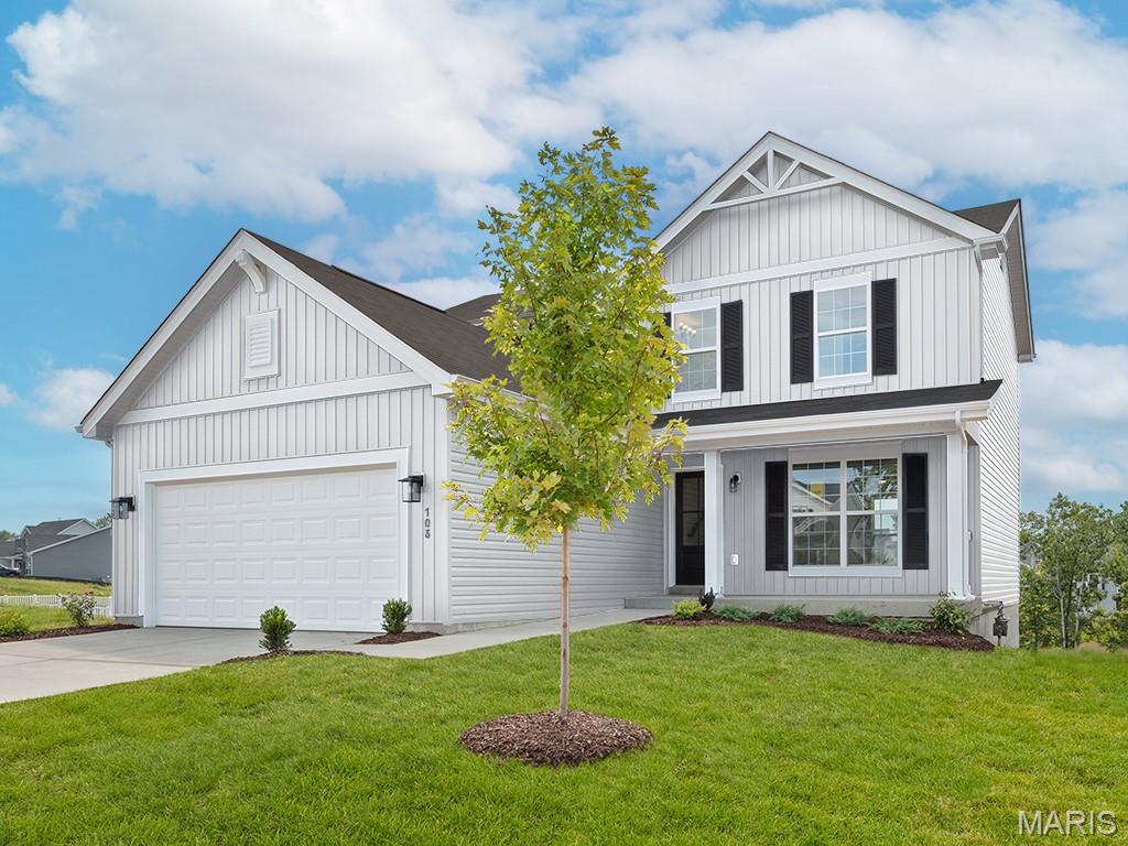 New McBride Homes Berwick, 2-story home, 3 BR, 2.5 BA will be ready this summer! Farmhouse exterior! Perfect for entertaining, the kitchen has quartz countertops, stainless steel GE appliances & level 3 Benton Sarsaparilla 42” cabinets w/center island/breakfast bar. The breakfast room has a sliding glass door to the backyard. Huge living room with 2 large windows & ceiling fan. The main level has wood laminate flooring & 6” windows. Upstairs the primary suite has a walk-in closet, private bath with double sink vanity, linen closet, & 5’ walkin shower. 2 more bedrooms, full bath, & 2nd floor laundry add convenience. Extras include white two-panel interior doors, a powder room, upgraded fixtures, ceiling fan prewires & more! Deer Meadows offers beautiful new homes in Sullivan, MO with convenient access to I-44, shopping, dining, and outdoor recreation in Franklin County. Enjoy peace of mind with McBride Homes’ 10 year builders warranty & incredible customer service! Similar photos shown.